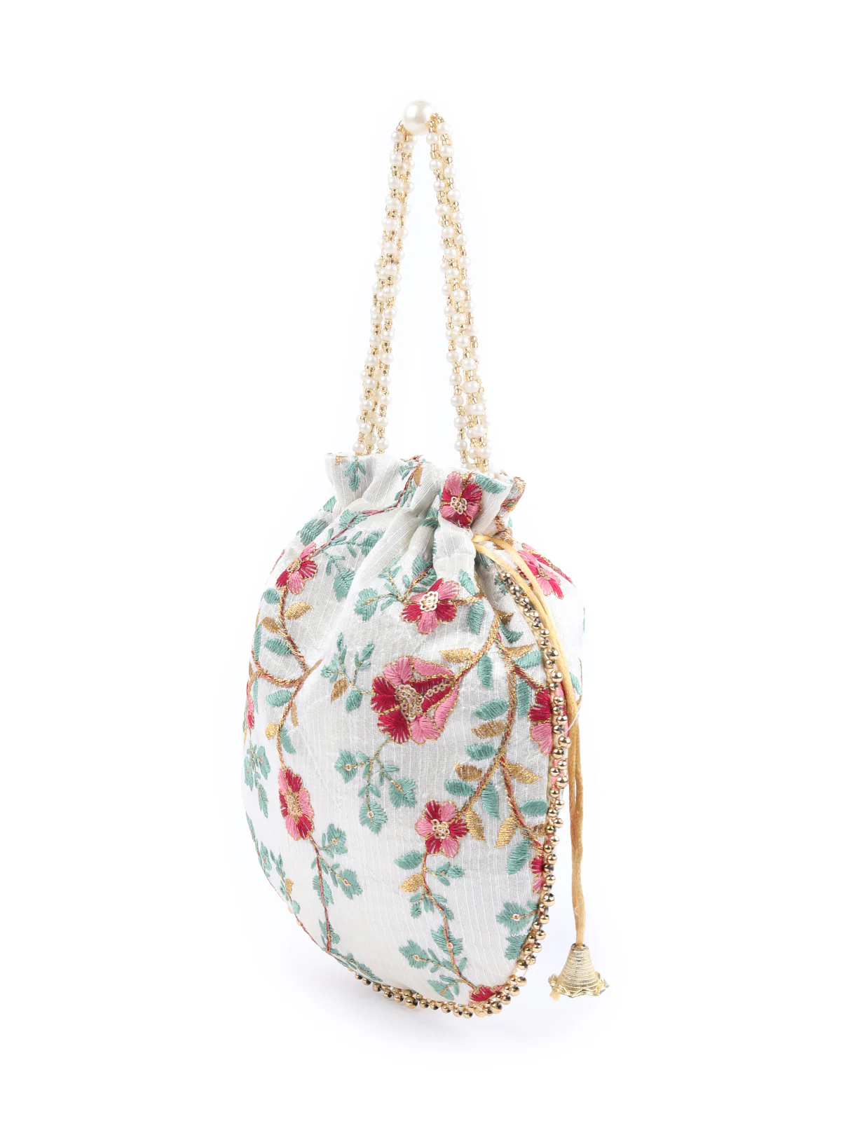 Odette Off White Embroidered Potli Bag with Tassels For Women - Image 4