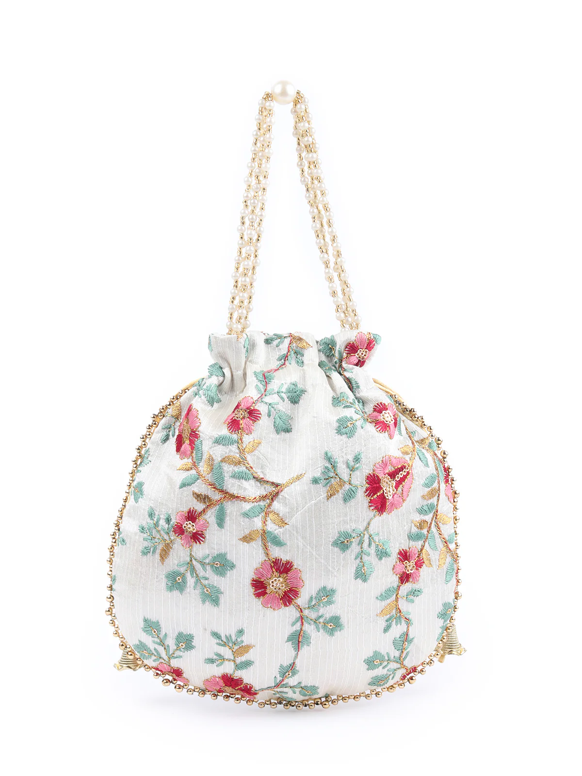 Odette Off White Embroidered Potli Bag with Tassels For Women - Image 5
