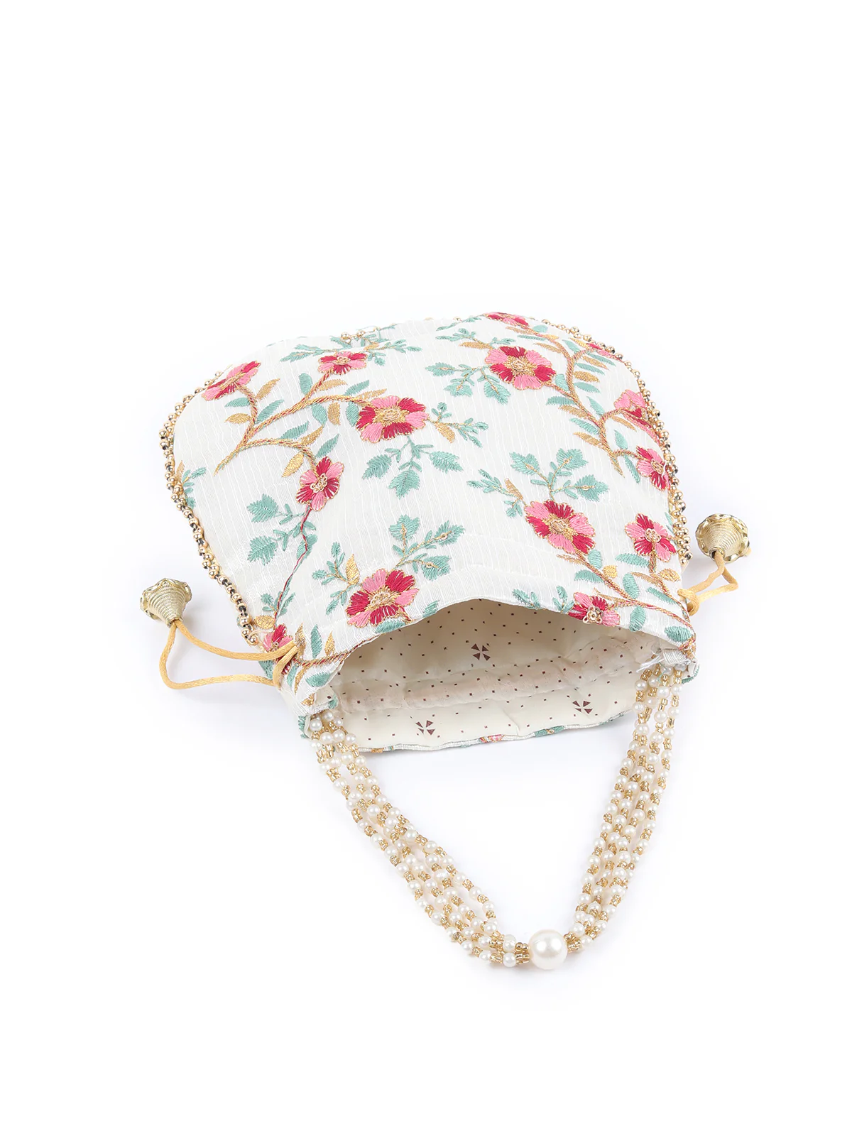 Odette Off White Embroidered Potli Bag with Tassels For Women - Image 6