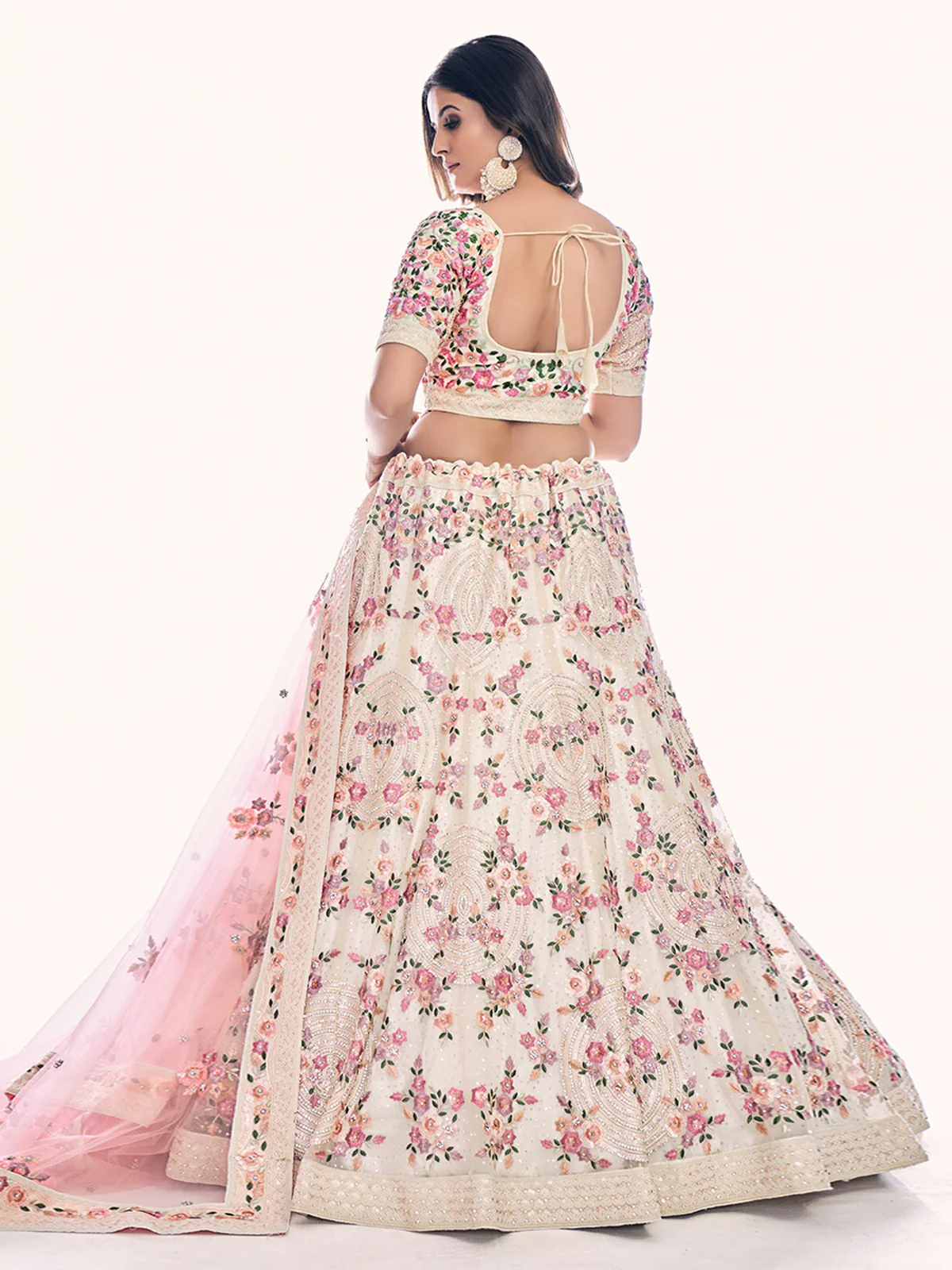 Odette Off White Embroidered Soft Net Semi Stitched Lehenga With Blouse For Women - Image 4