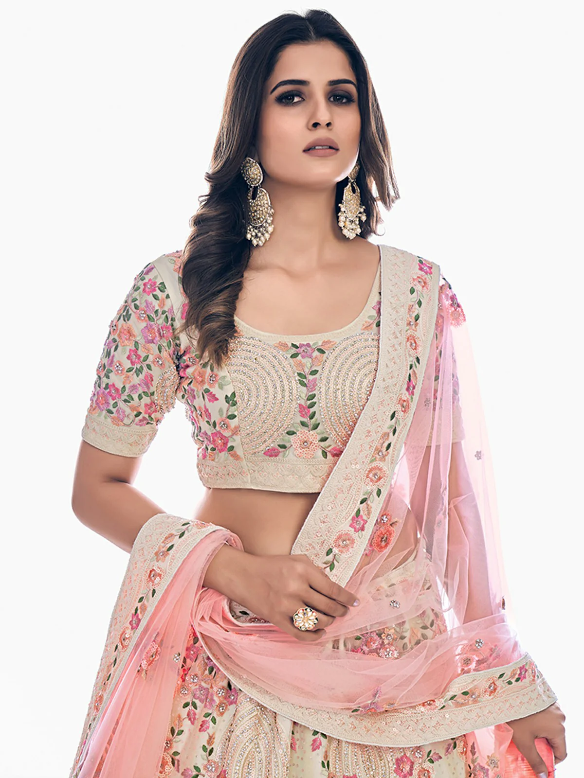 Odette Off White Embroidered Soft Net Semi Stitched Lehenga With Blouse For Women - Image 5