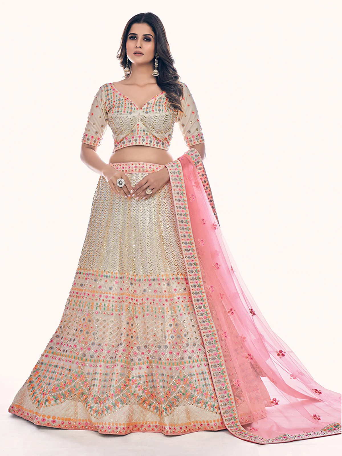 Odette Off White Embroidered Soft Net Semi Stitched Lehenga With Blouse For Women - Image 2