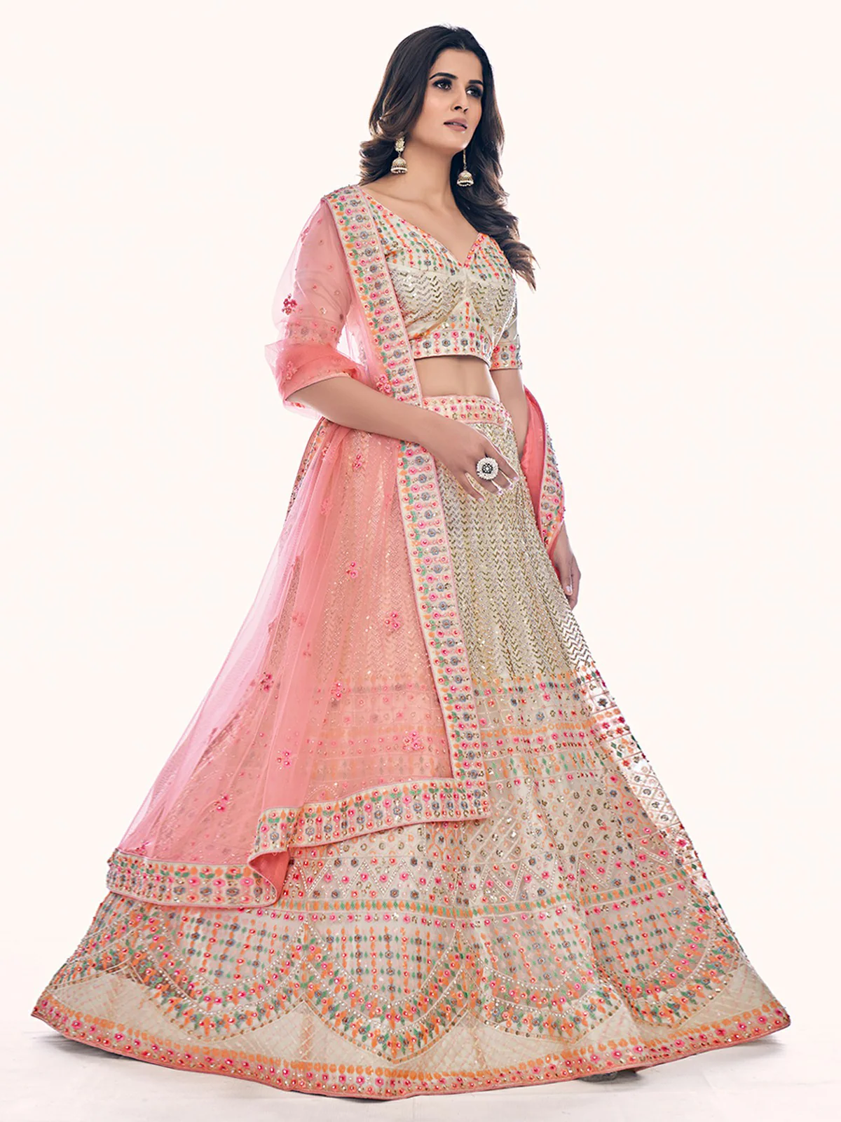 Odette Off White Embroidered Soft Net Semi Stitched Lehenga With Blouse For Women - Image 3