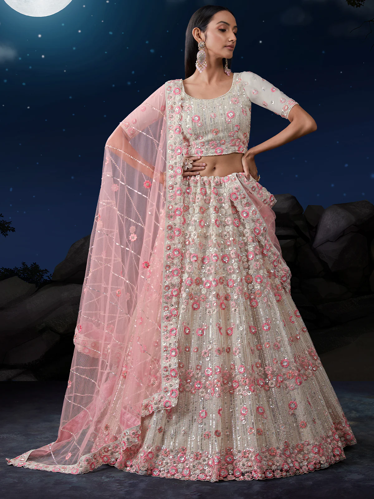 Odette Off White Embroidered Soft Net Semi Stitched Lehenga With Blouse For Women - Image 2