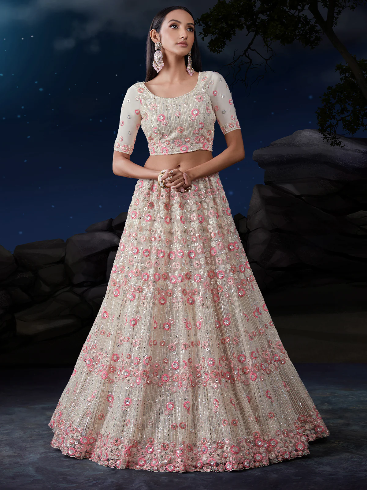Odette Off White Embroidered Soft Net Semi Stitched Lehenga With Blouse For Women - Image 3