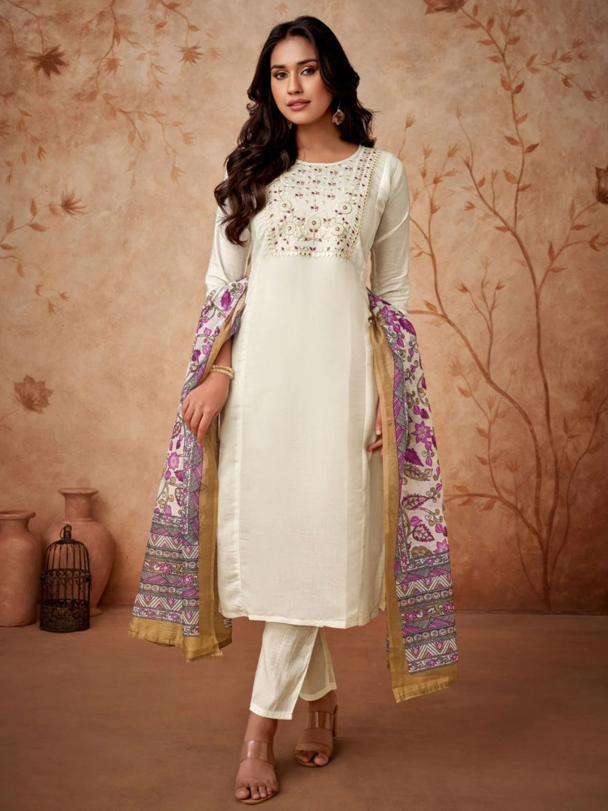 Odette Off White Embroidered Viscose Silk Stitched Kurta Salwar Set For Women