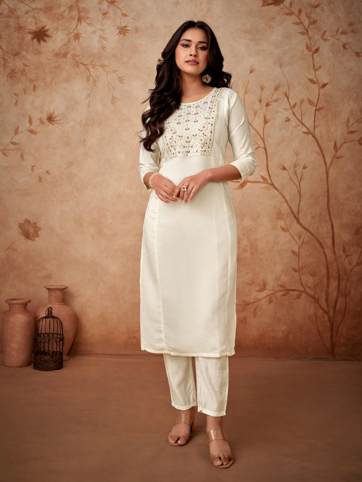 Odette Off White Embroidered Viscose Silk Stitched Kurta Salwar Set For Women - Image 2
