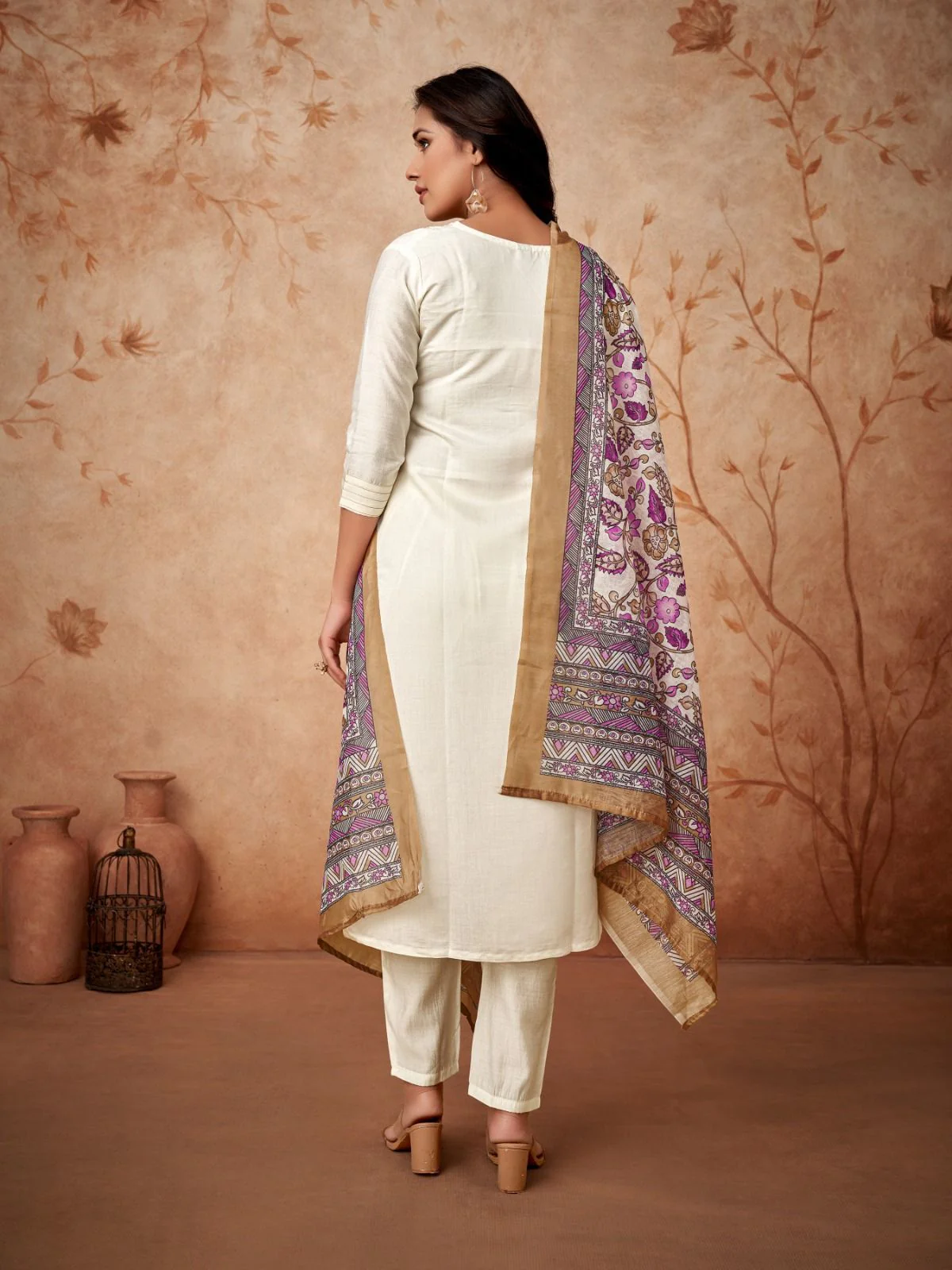 Odette Off White Embroidered Viscose Silk Stitched Kurta Salwar Set For Women - Image 4
