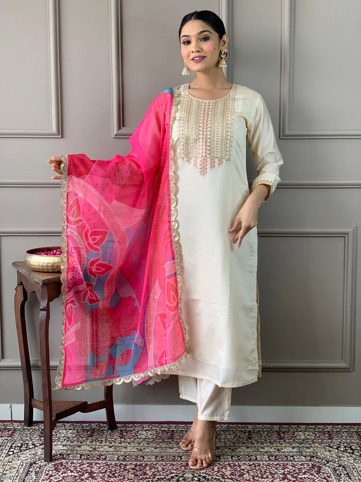 Odette Off White Embroidered Viscose Silk Stitched Kurta Salwar Set For Women