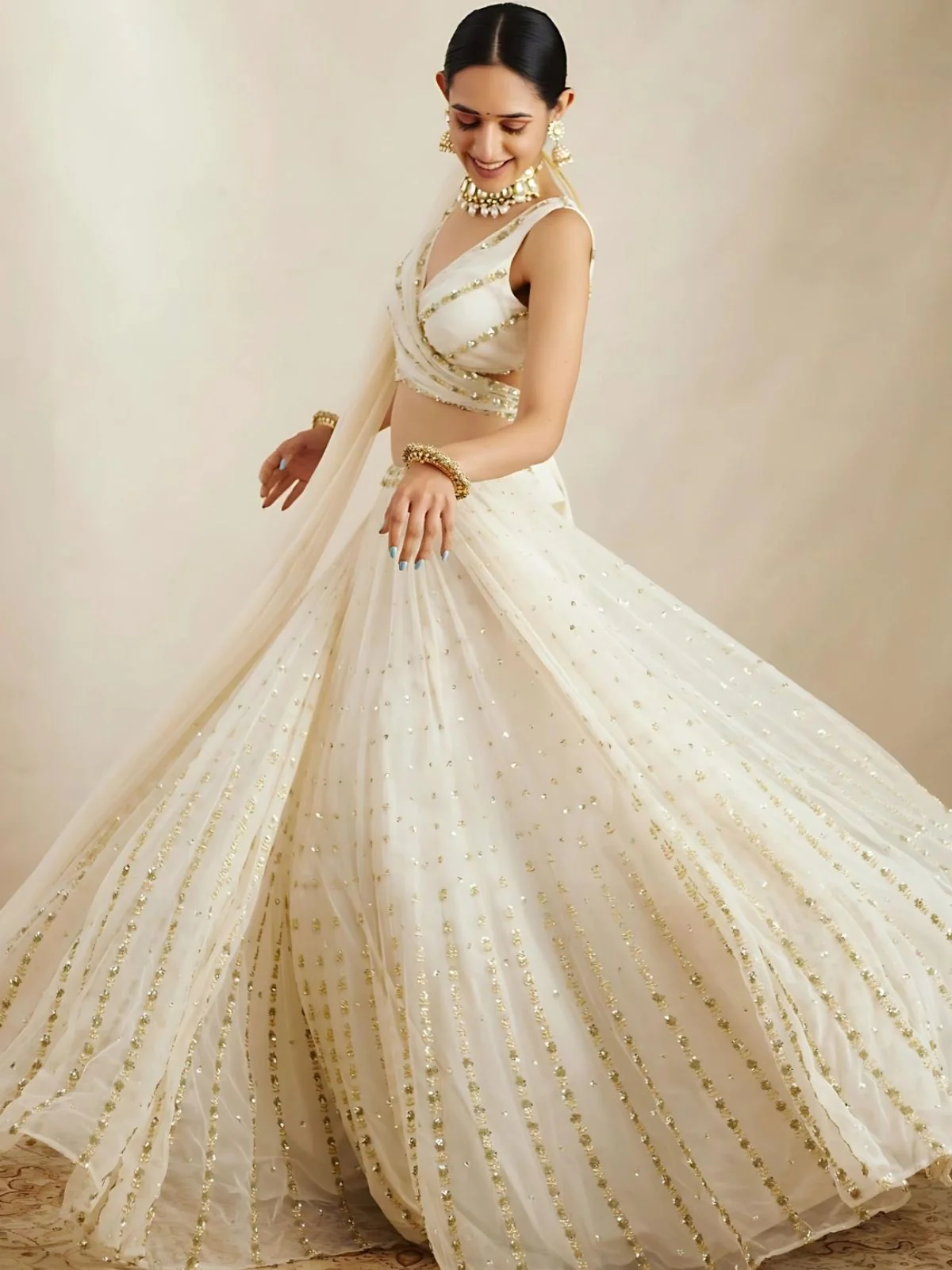 Odette Off White Georgette Embellished Semi-Stitched lehenga For Women - Image 2