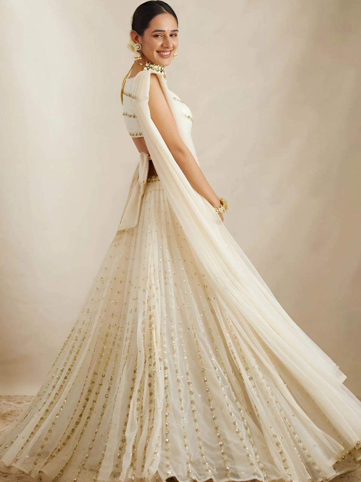 Odette Off White Georgette Embellished Semi-Stitched lehenga For Women - Image 3