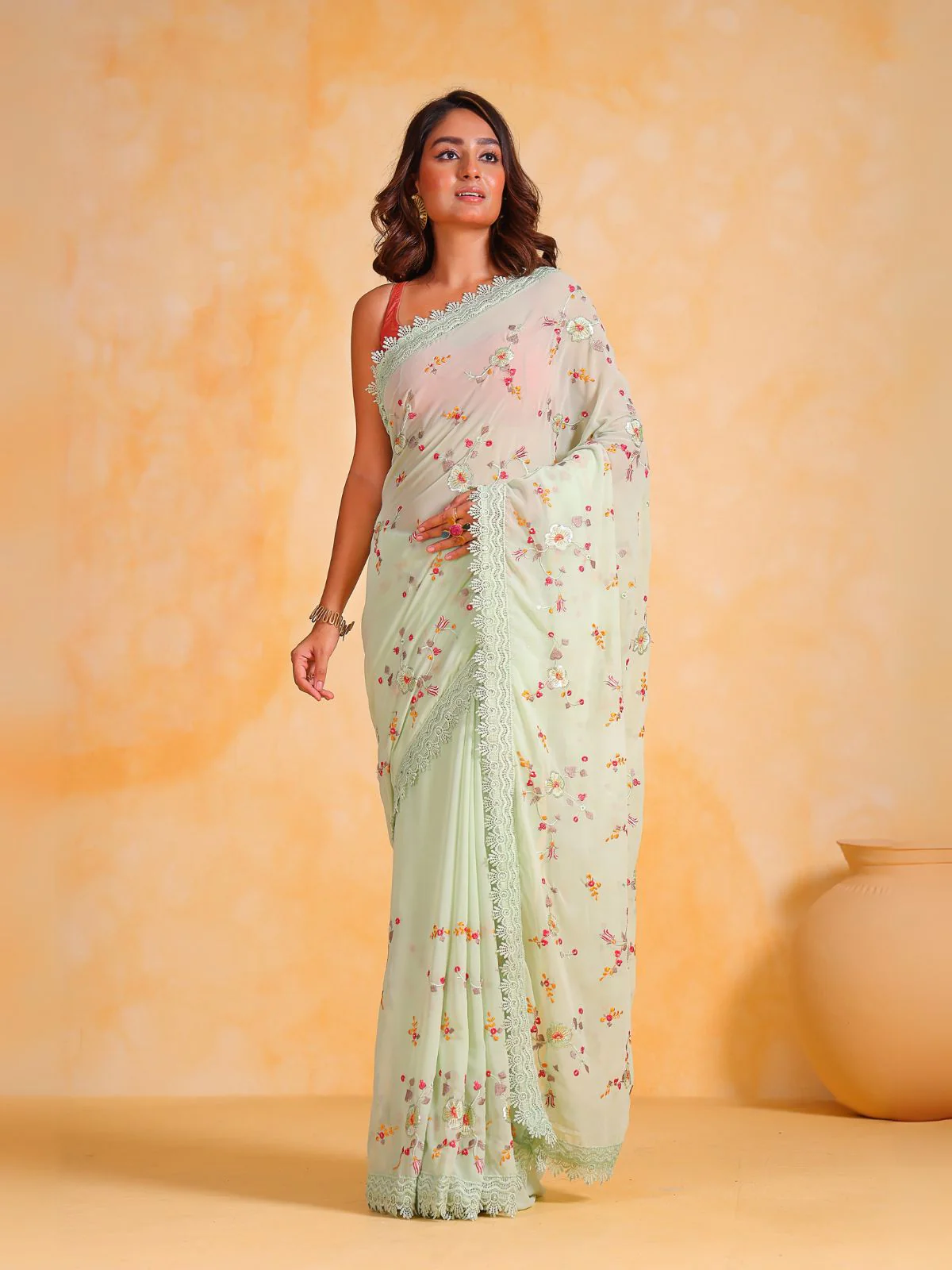 Odette Off White Georgette Embroidered Saree With Unstitched Blouse For Women