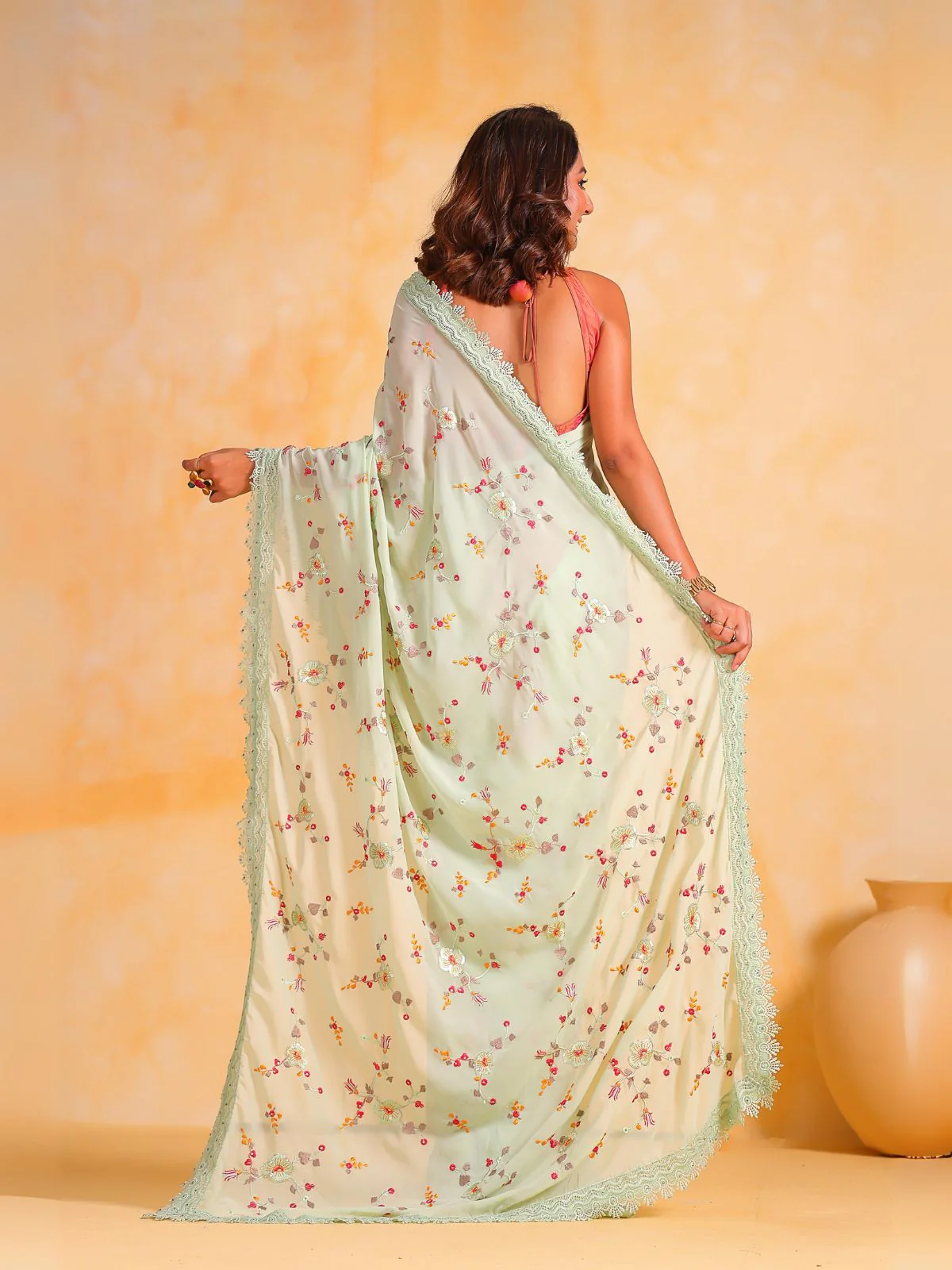 Odette Off White Georgette Embroidered Saree With Unstitched Blouse For Women - Image 4