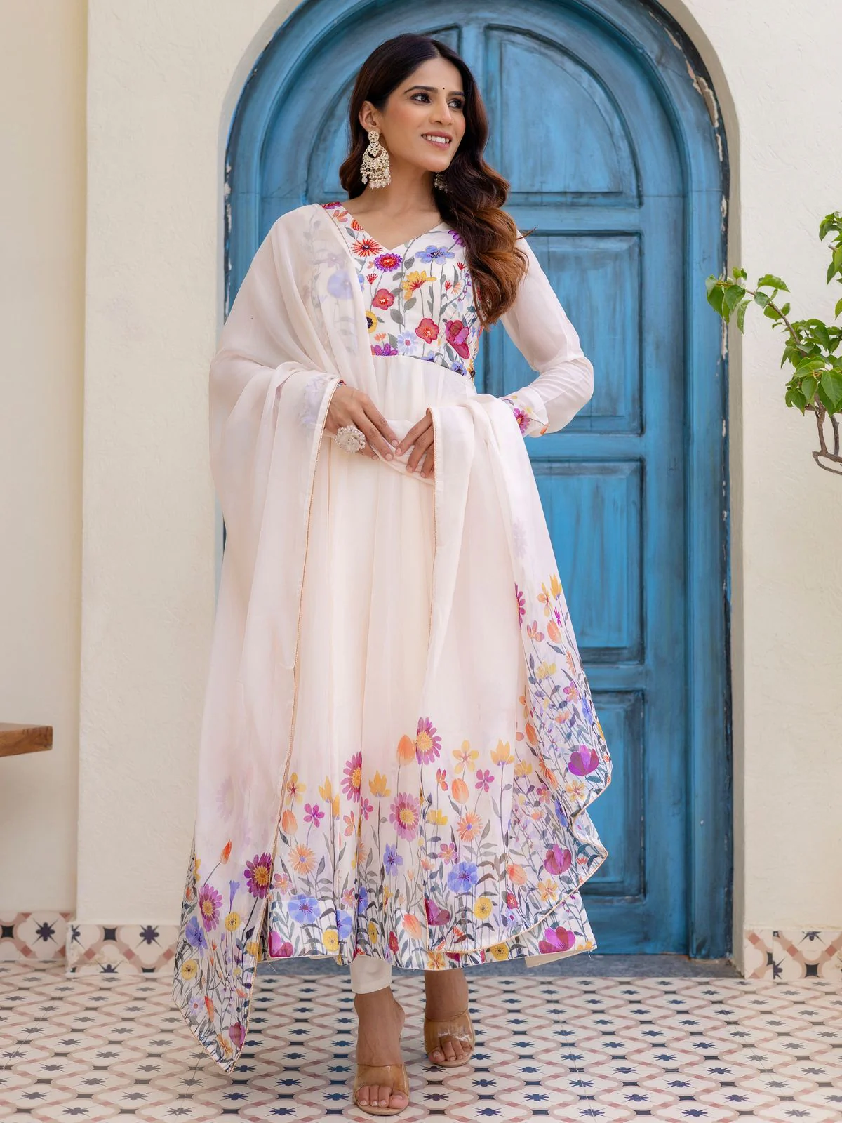 Odette Off White Georgette Solid Stitched Anarkali Kurta Set For Women