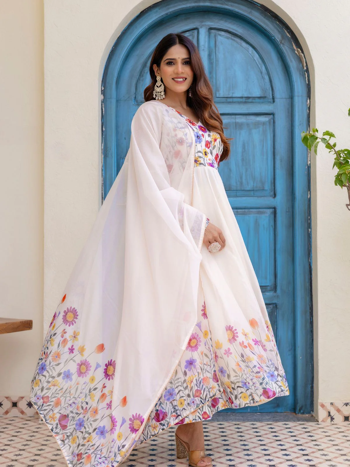 Odette Off White Georgette Solid Stitched Anarkali Kurta Set For Women - Image 2