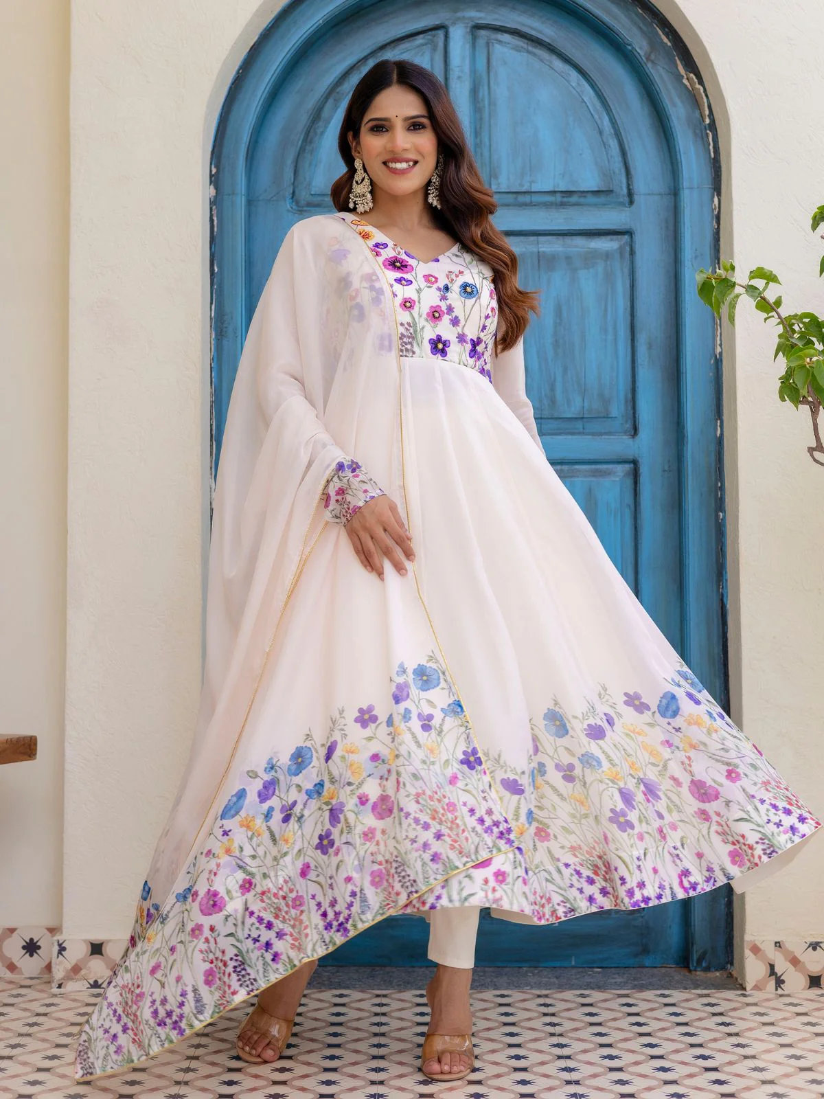 Odette Off White Georgette Solid Stitched Anarkali Kurta Set For Women