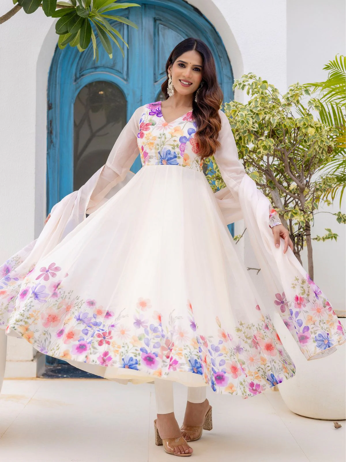 Odette Off White Georgette Solid Stitched Anarkali Kurta Set For Women - Image 4