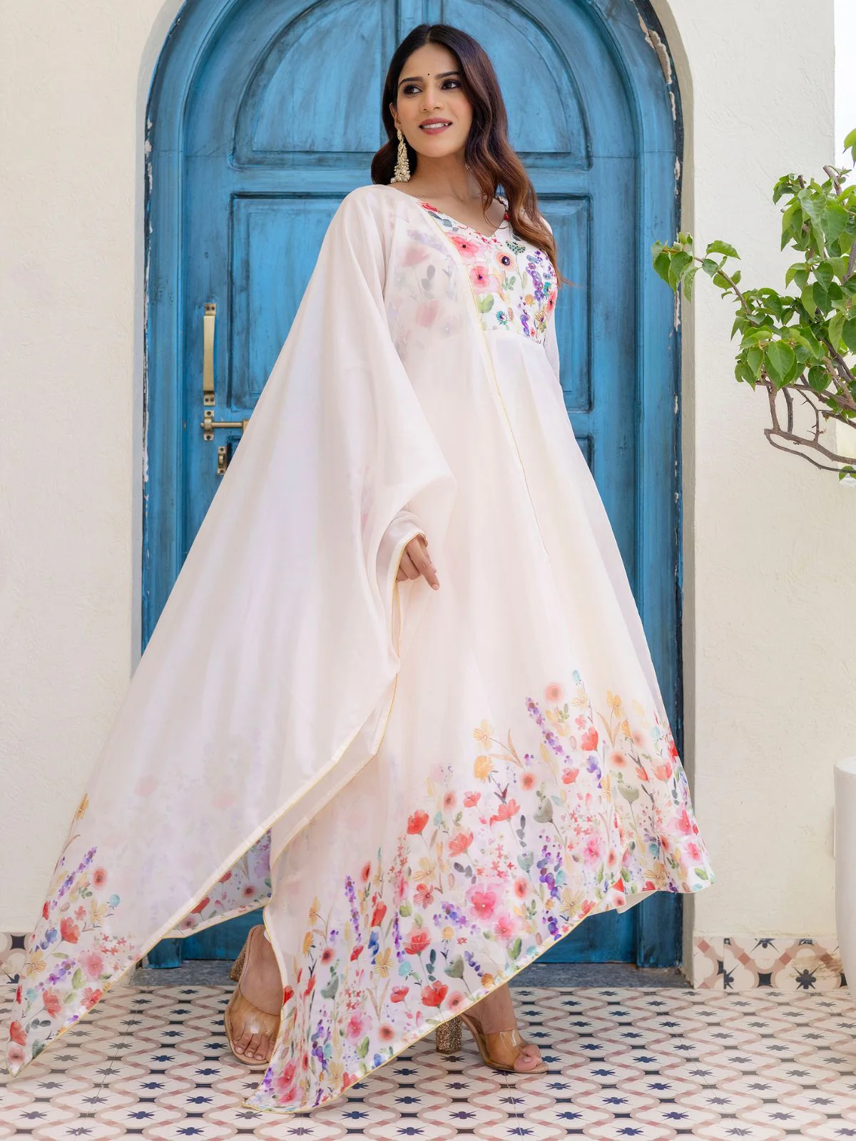 Odette Off White Georgette Solid Stitched Anarkali Kurta Set For Women - Image 3