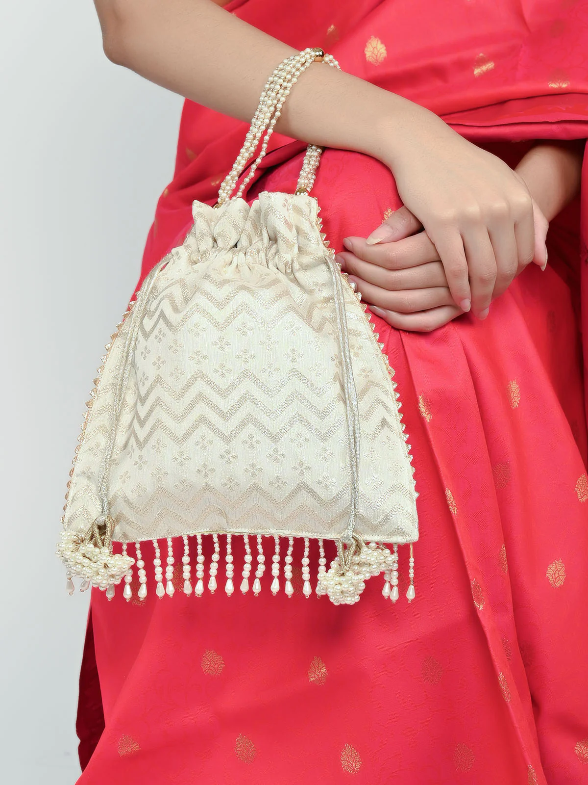 Odette Off White & Golden Silk Blend Woven Potli For Women - Image 2