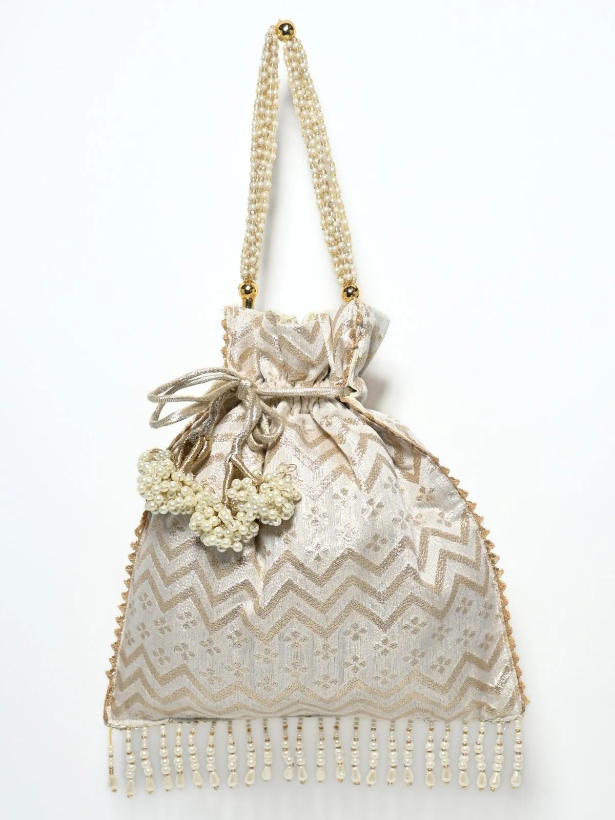 Odette Off White & Golden Silk Blend Woven Potli For Women - Image 3