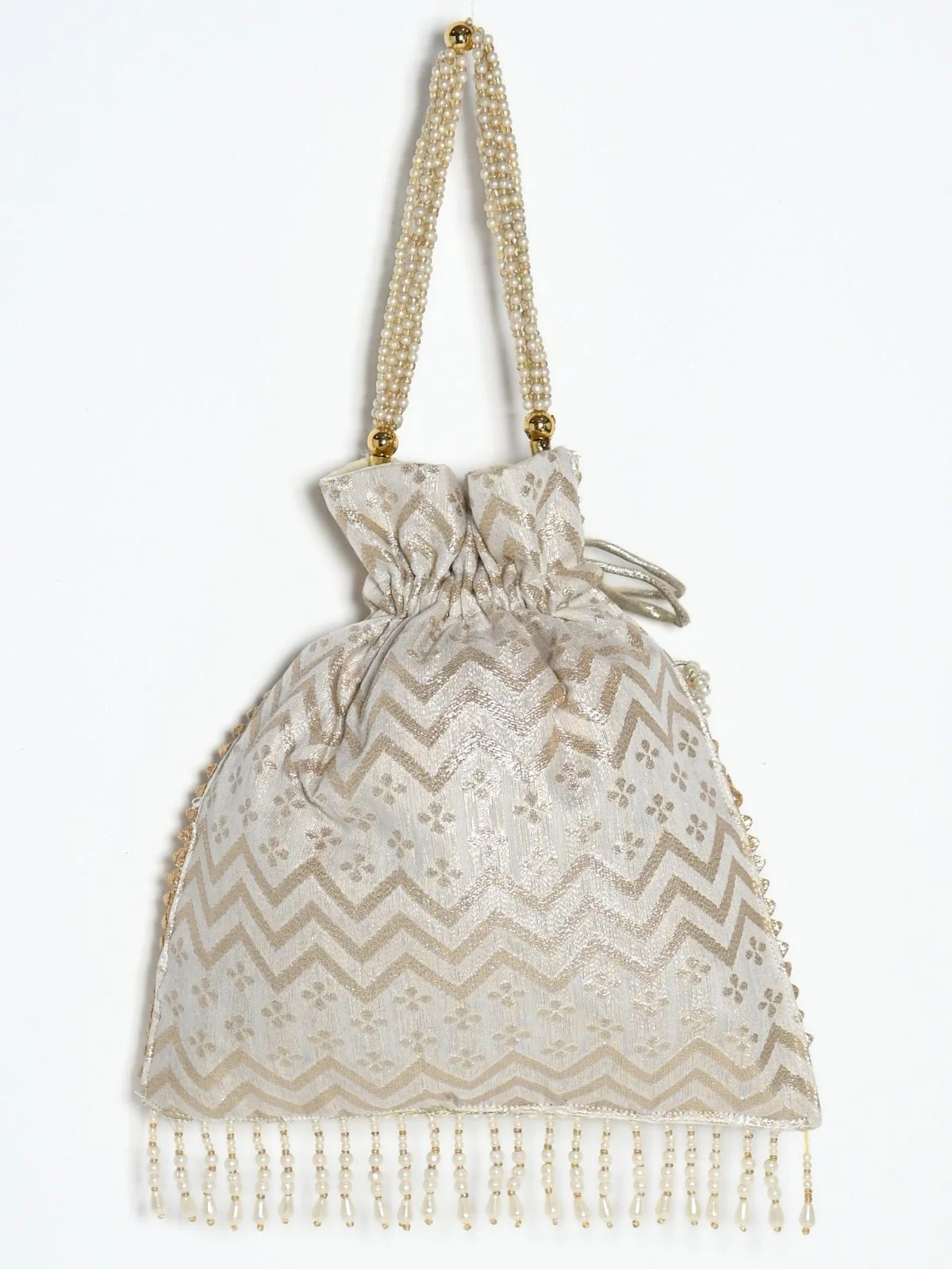 Odette Off White & Golden Silk Blend Woven Potli For Women - Image 5