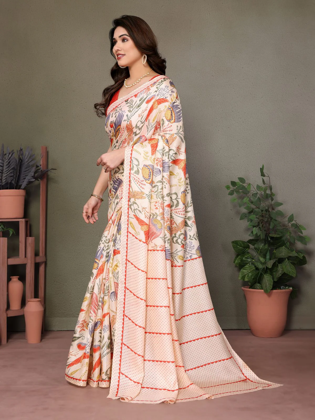 Odette Off White Khadi Printed Saree With Unstitched Blouse For Women - Image 2