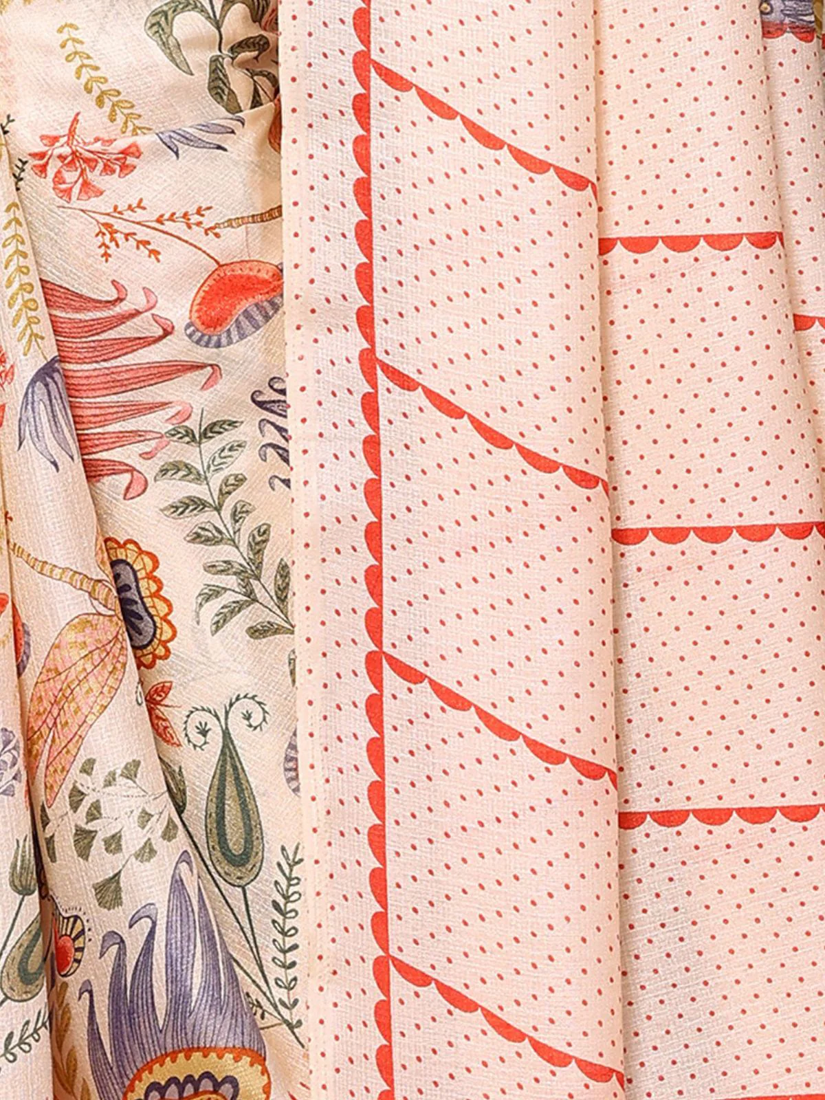 Odette Off White Khadi Printed Saree With Unstitched Blouse For Women - Image 5