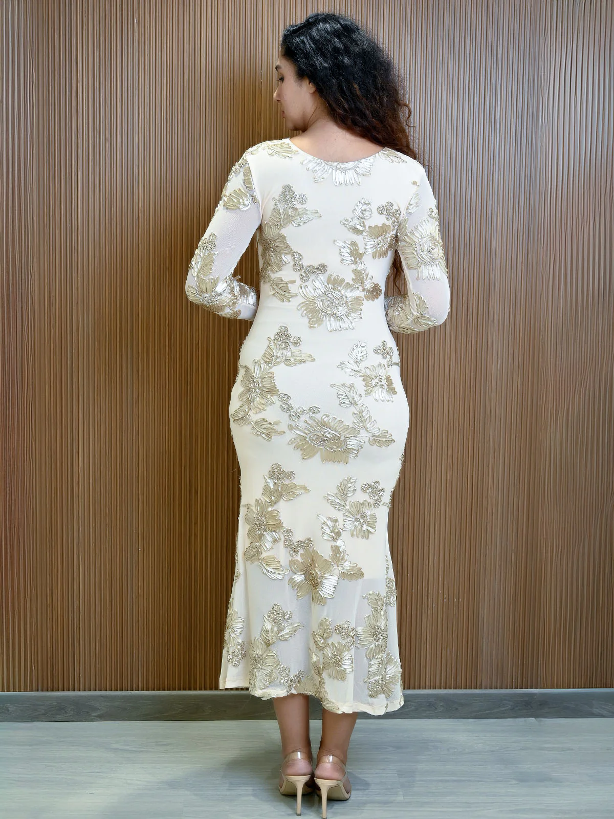 Odette Off White Net and Satin Solid Dress For Women - Image 3