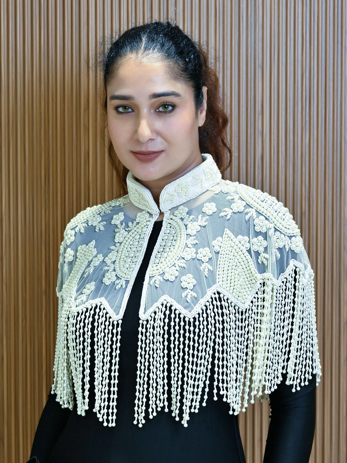 Odette Off White Net Embellished Cape For Women