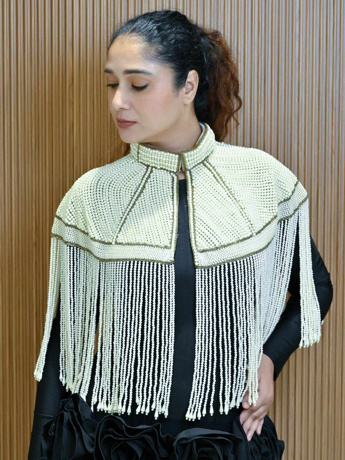 Odette Off White Net Embellished Cape For Women