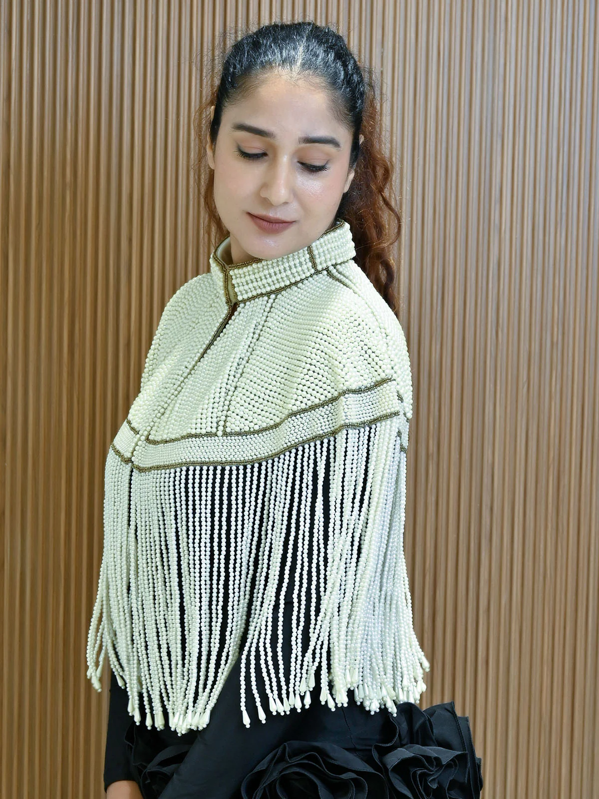 Odette Off White Net Embellished Cape For Women - Image 2