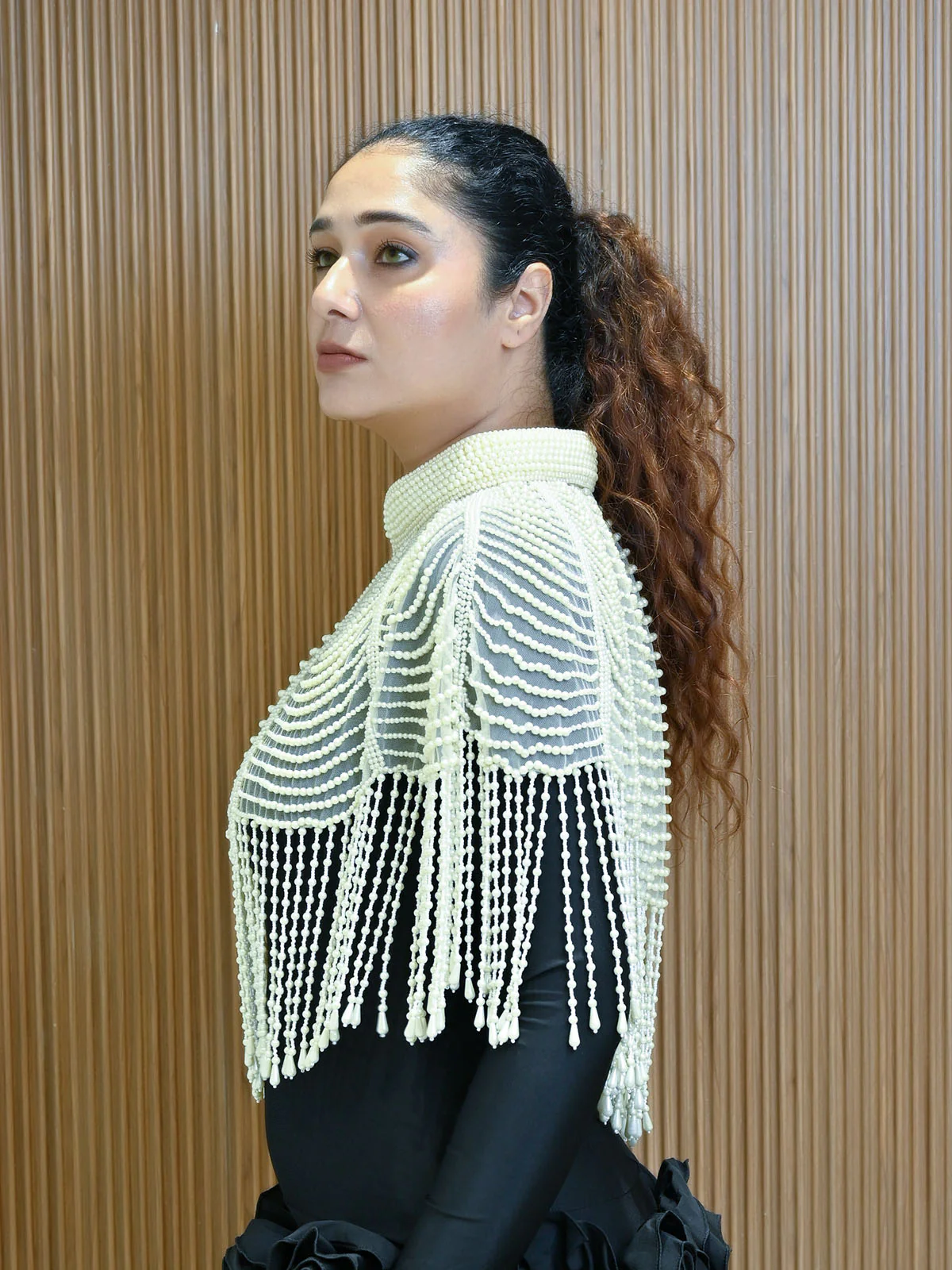 Odette Off White Net Embellished Cape For Women - Image 2