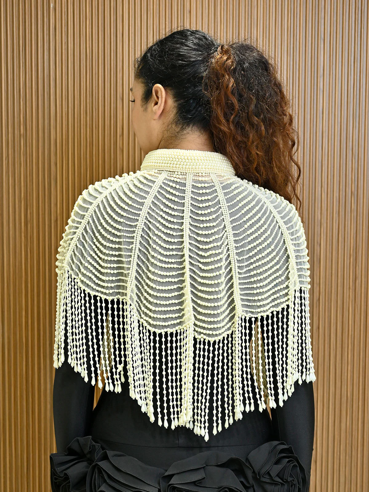 Odette Off White Net Embellished Cape For Women - Image 3