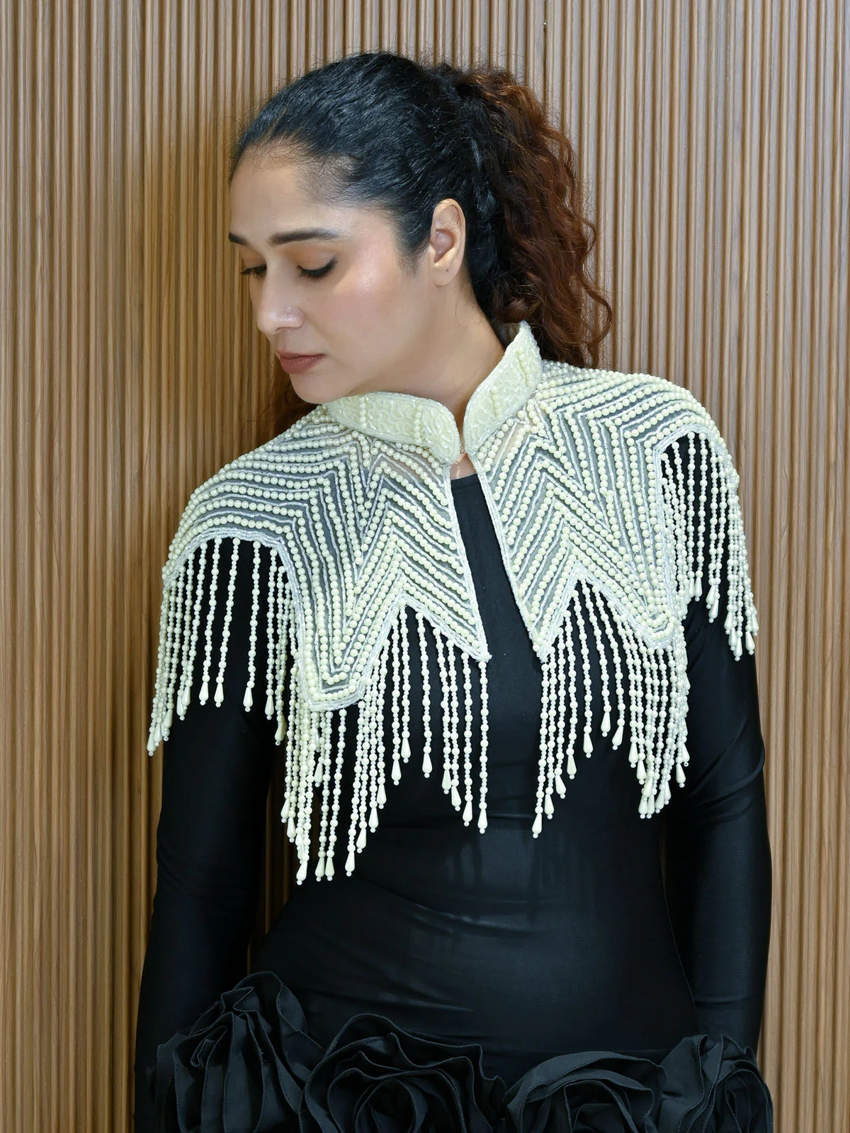 Odette Off White Net Embellished Cape For Women