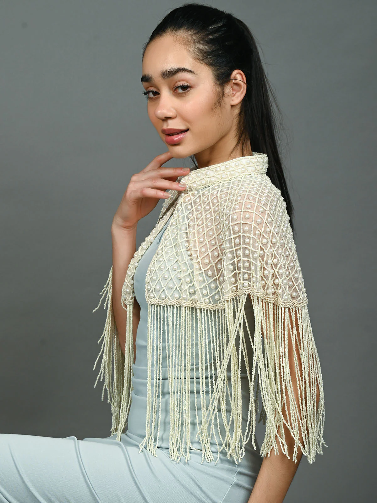 Odette Off White Net Embellished Cape For Women - Image 3