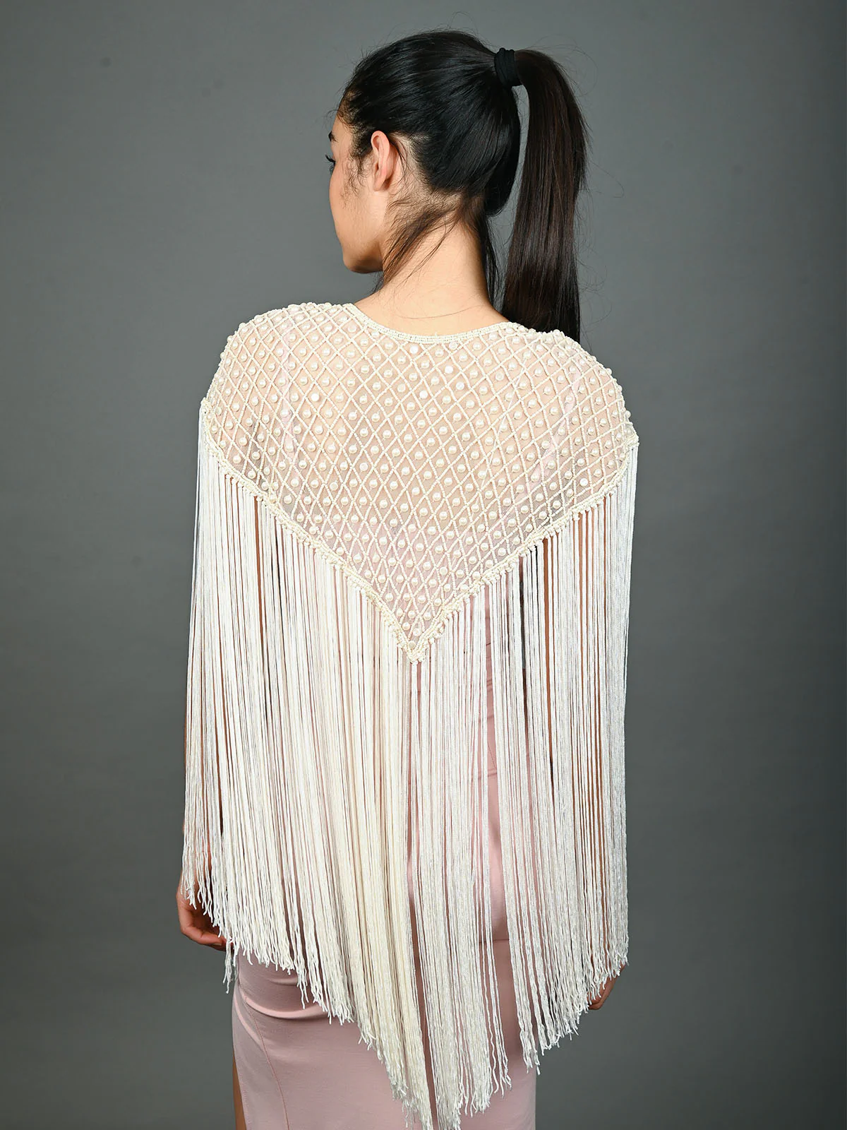 Odette Off White Net Embellished Cape For Women - Image 4