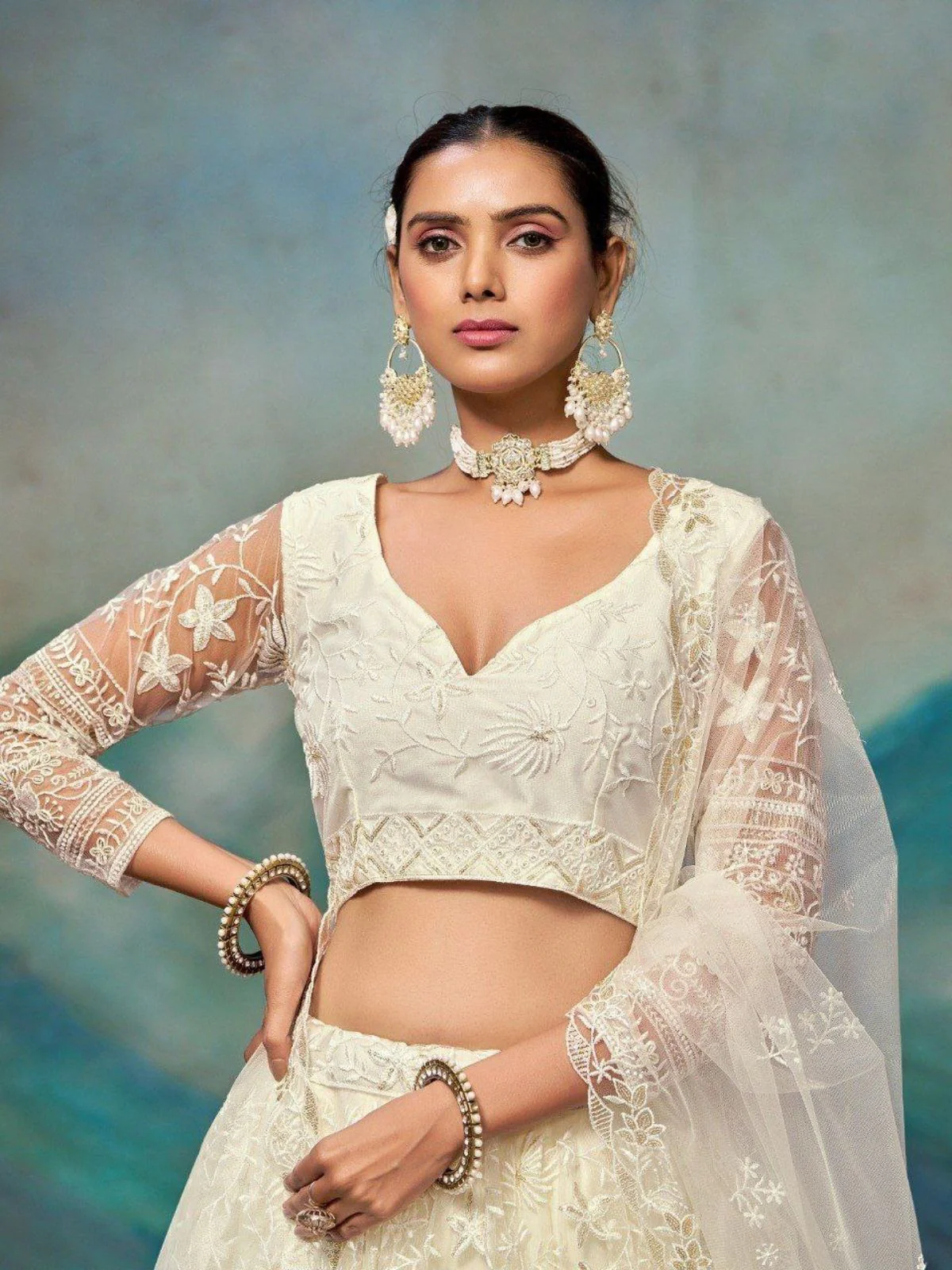 Odette Off White Net Embellished Semi Stitched Lehenga For Women - Image 4