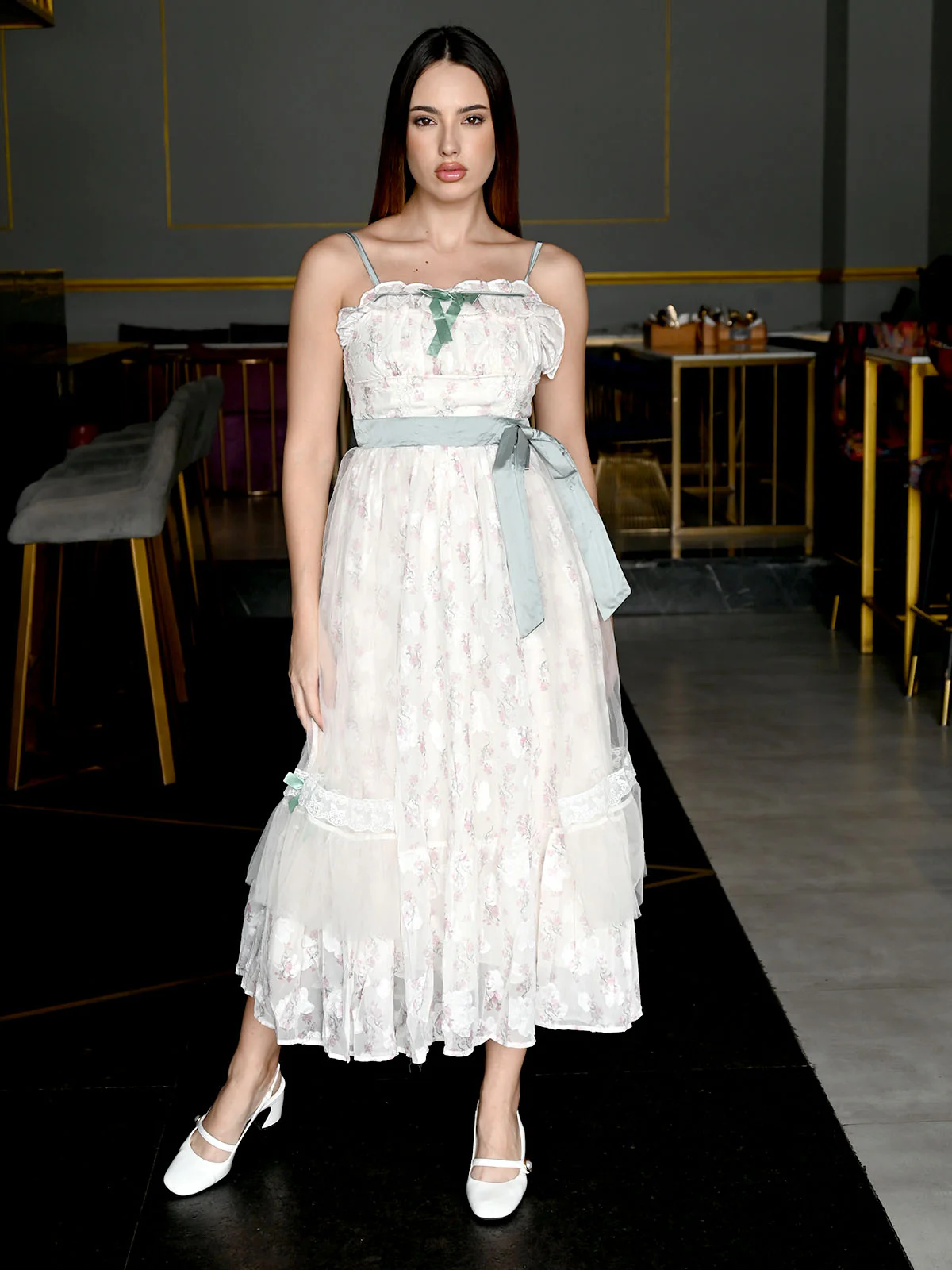 Odette Off White Net Floral Printed Dress For Women - Image 2