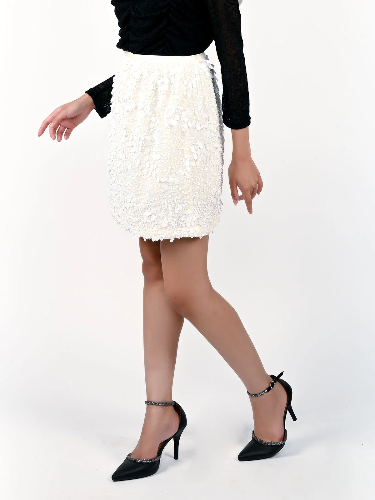 Odette Off White Net Sequence Mini Skirt For Women - Image 3