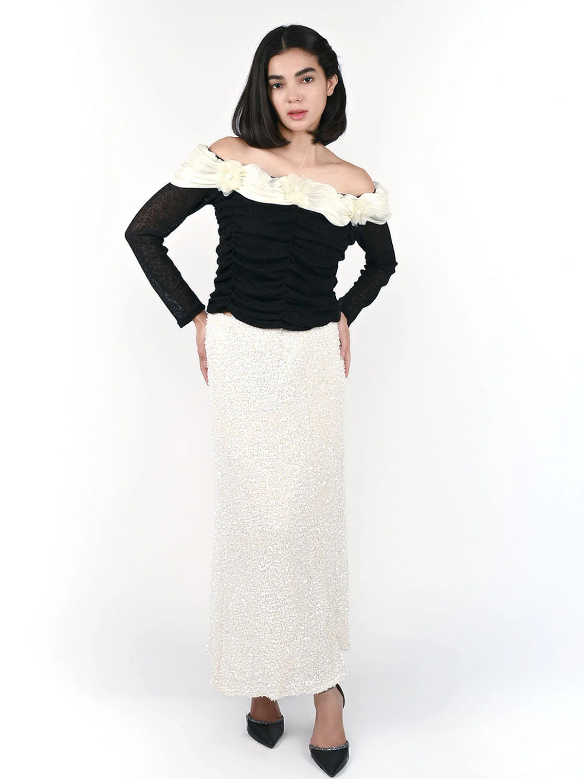 Odette Off White Net Sequence Skirt For Women - Image 5
