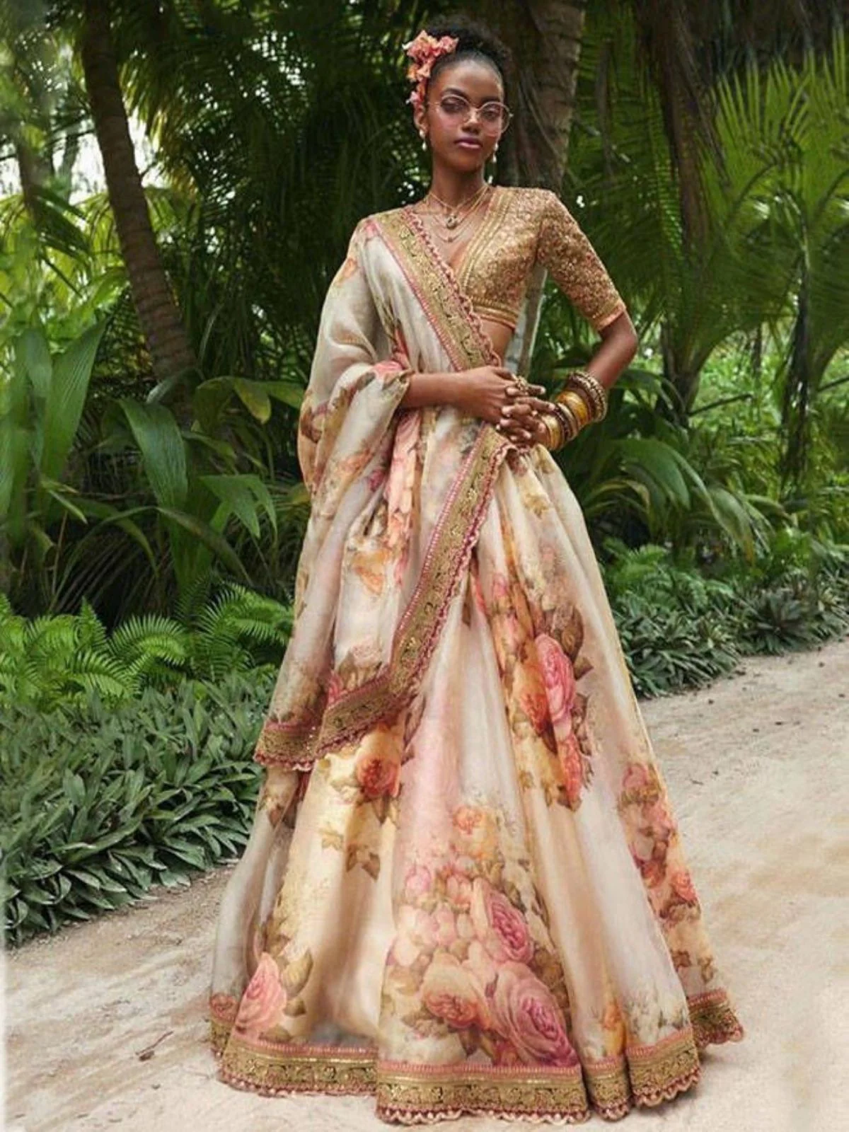 Odette Off-White Organza Printed Semi-Stitched lehenga For Women