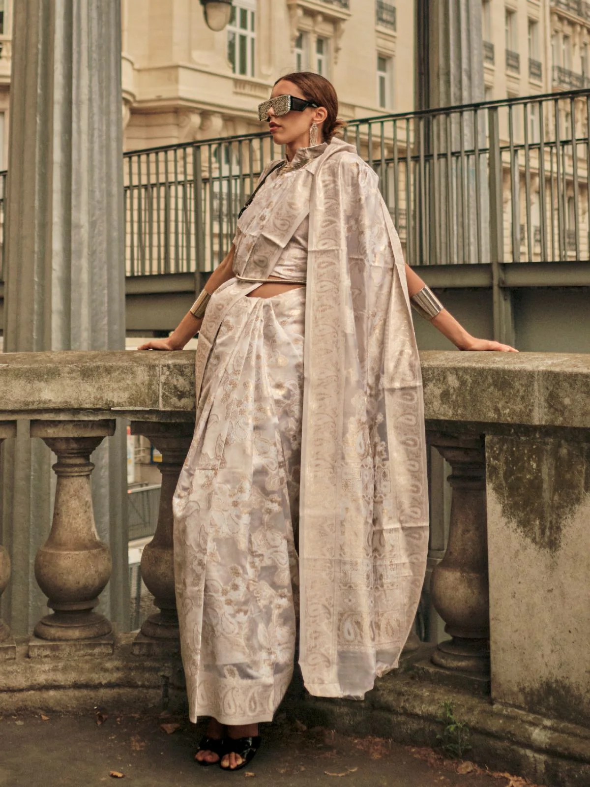 Odette Off White Organza Woven Saree With Unstitched Blouse For Women