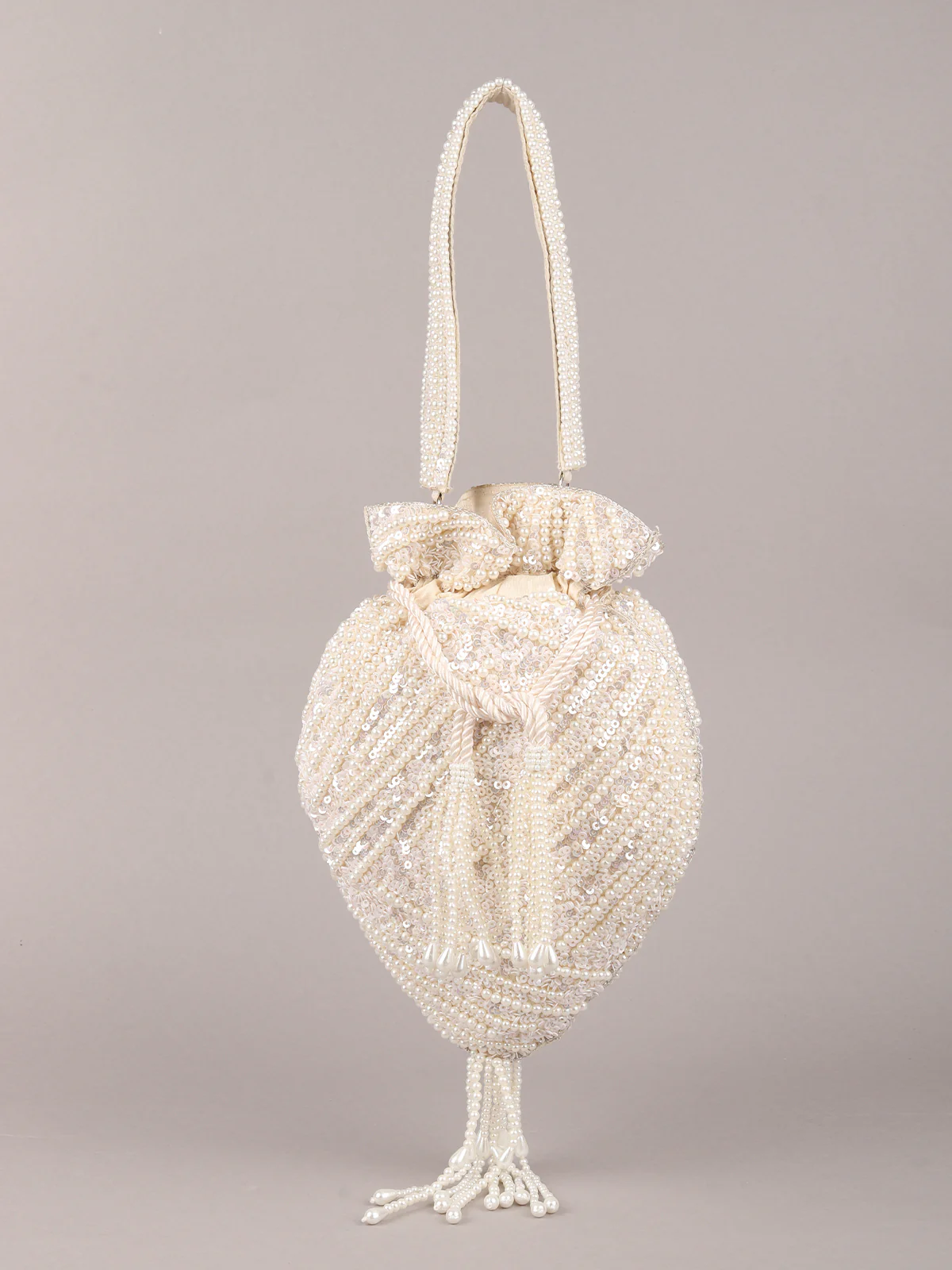 Odette Off White Pearl and Sequins Embroidered Tassel Potli Bag for Women - Image 3
