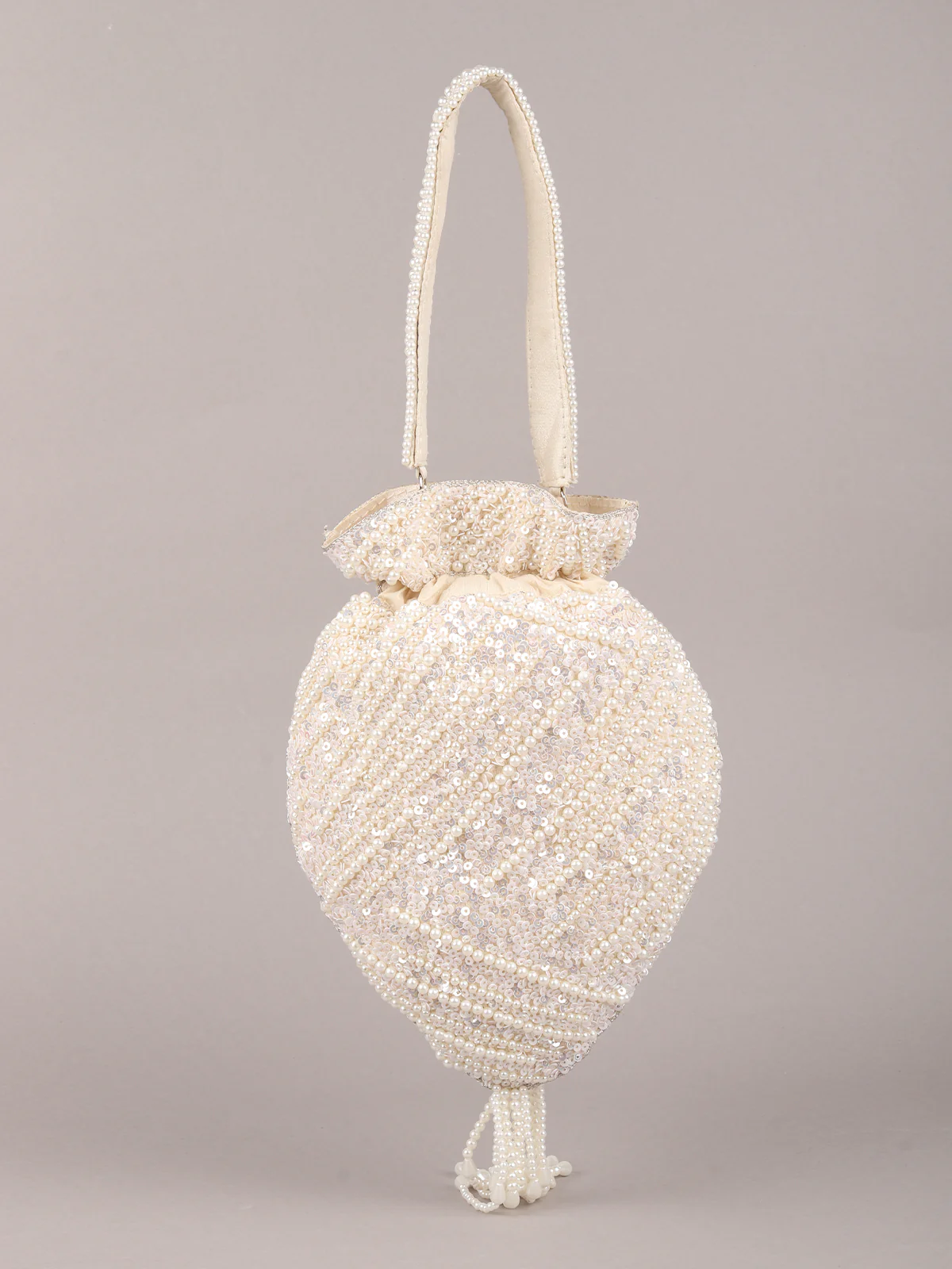 Odette Off White Pearl and Sequins Embroidered Tassel Potli Bag for Women - Image 5