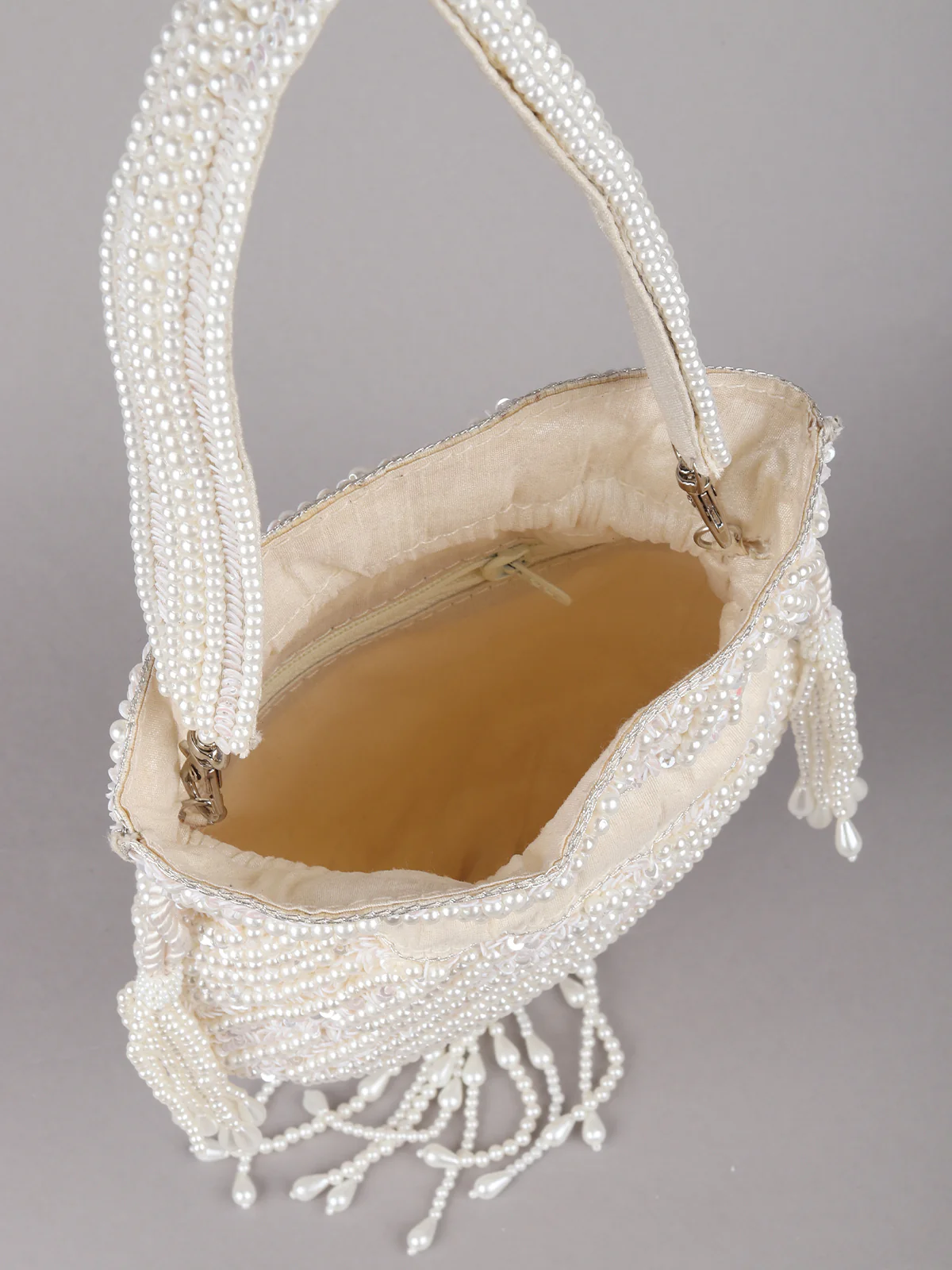 Odette Off White Pearl and Sequins Embroidered Tassel Potli Bag for Women - Image 6