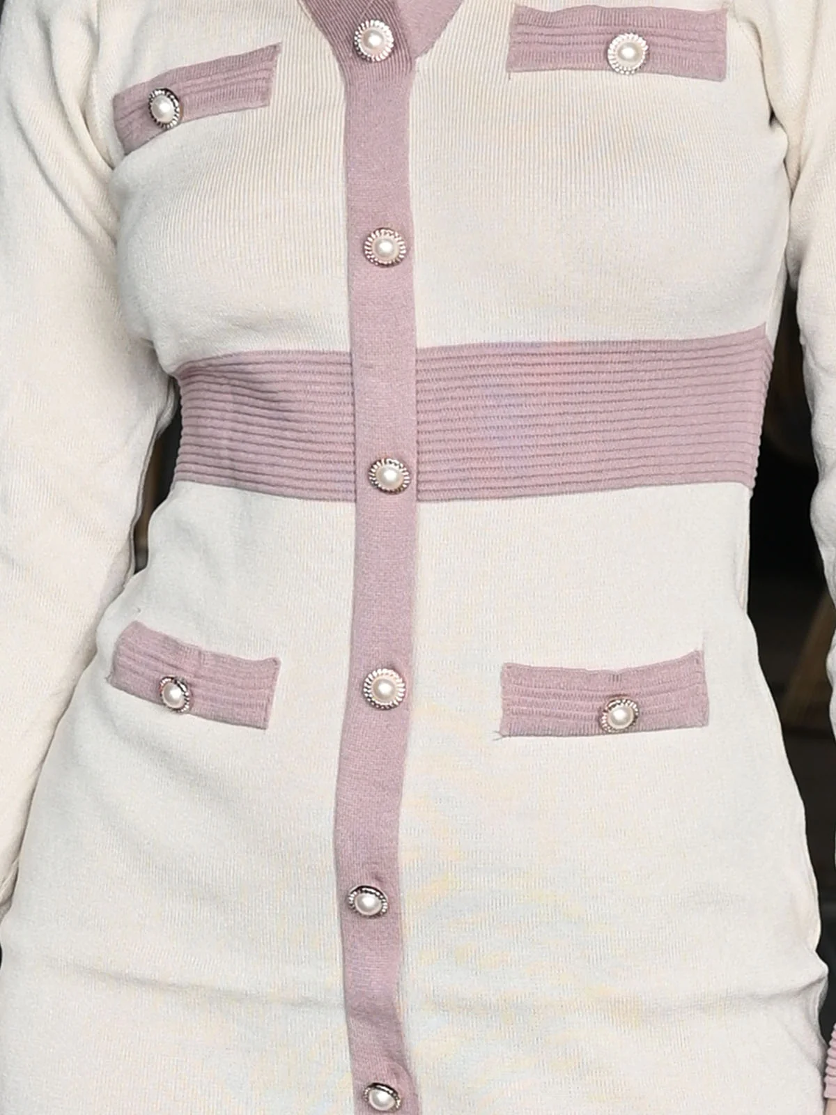 Odette Off White Polyester Lycra Patterned Dress For Women - Image 5