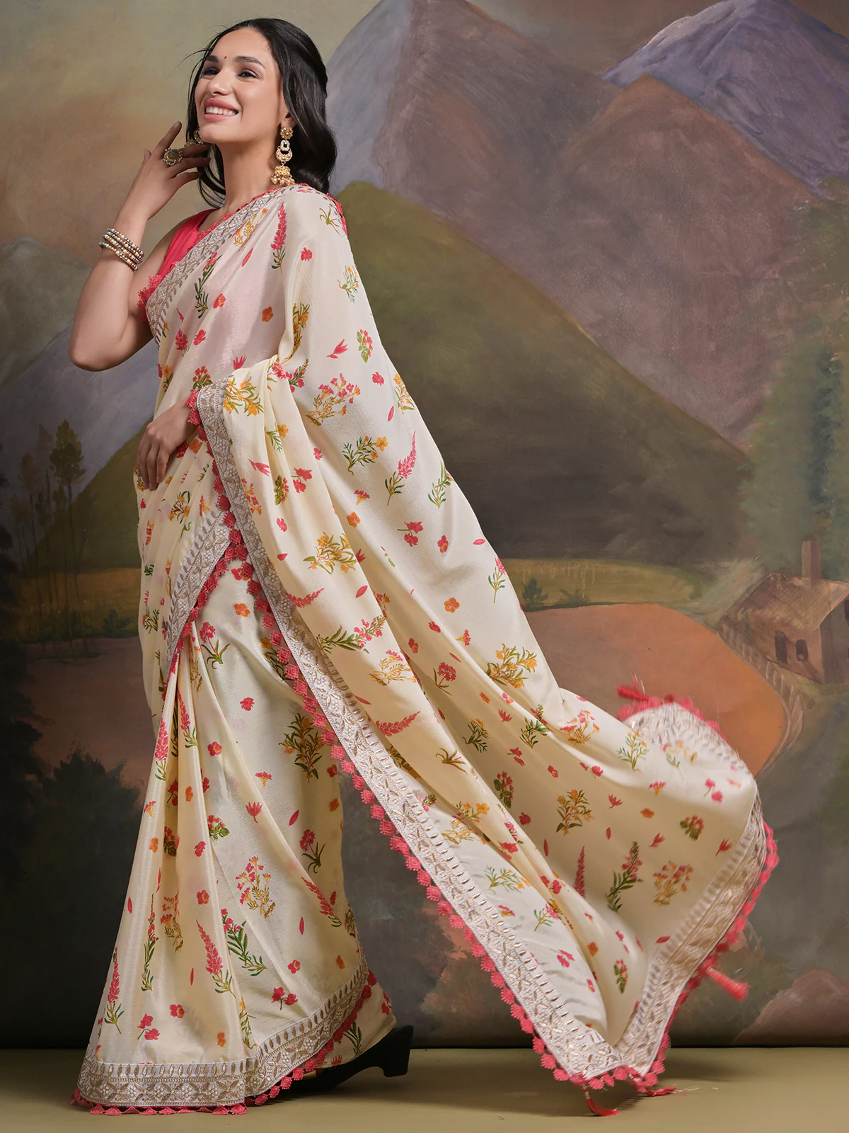 Odette Off White Printed Chiffon Saree With Unstitched Blouse For Women - Image 2