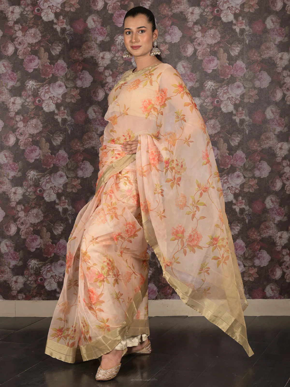 Odette Off White Printed Organza Saree - Image 3