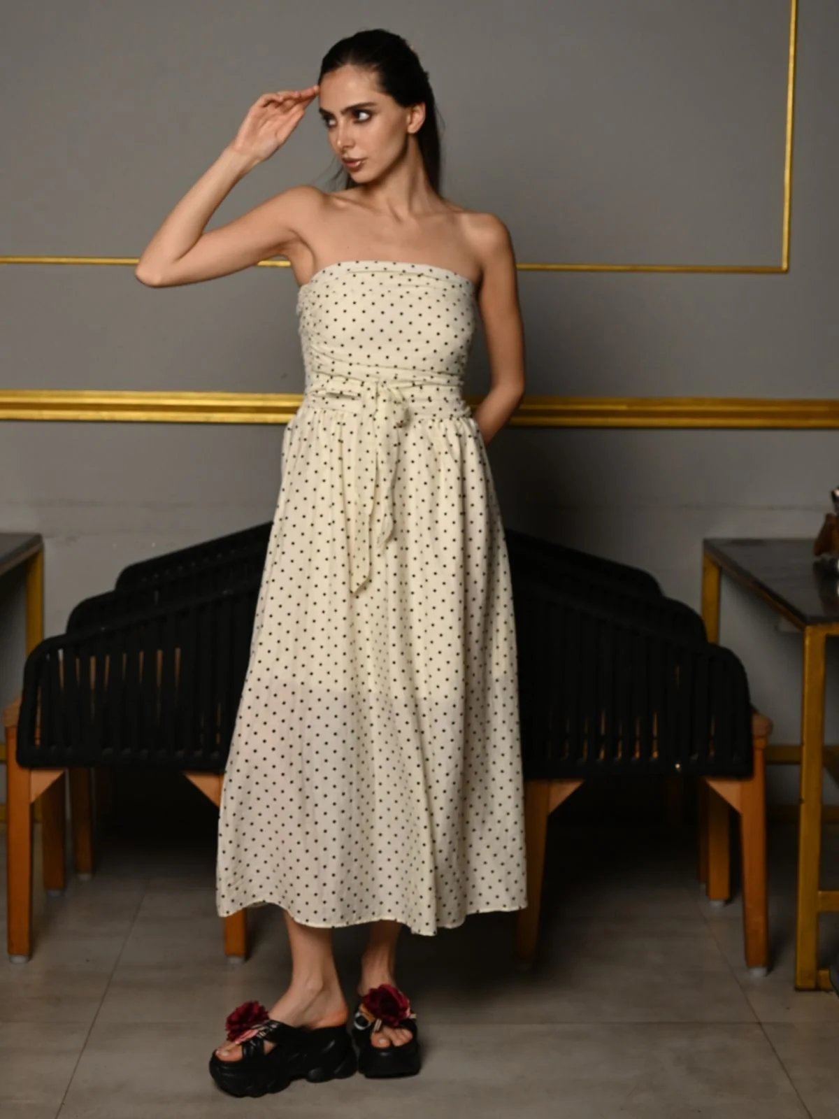 Odette Off White Viscose Printed Western Dress for Women - Image 2