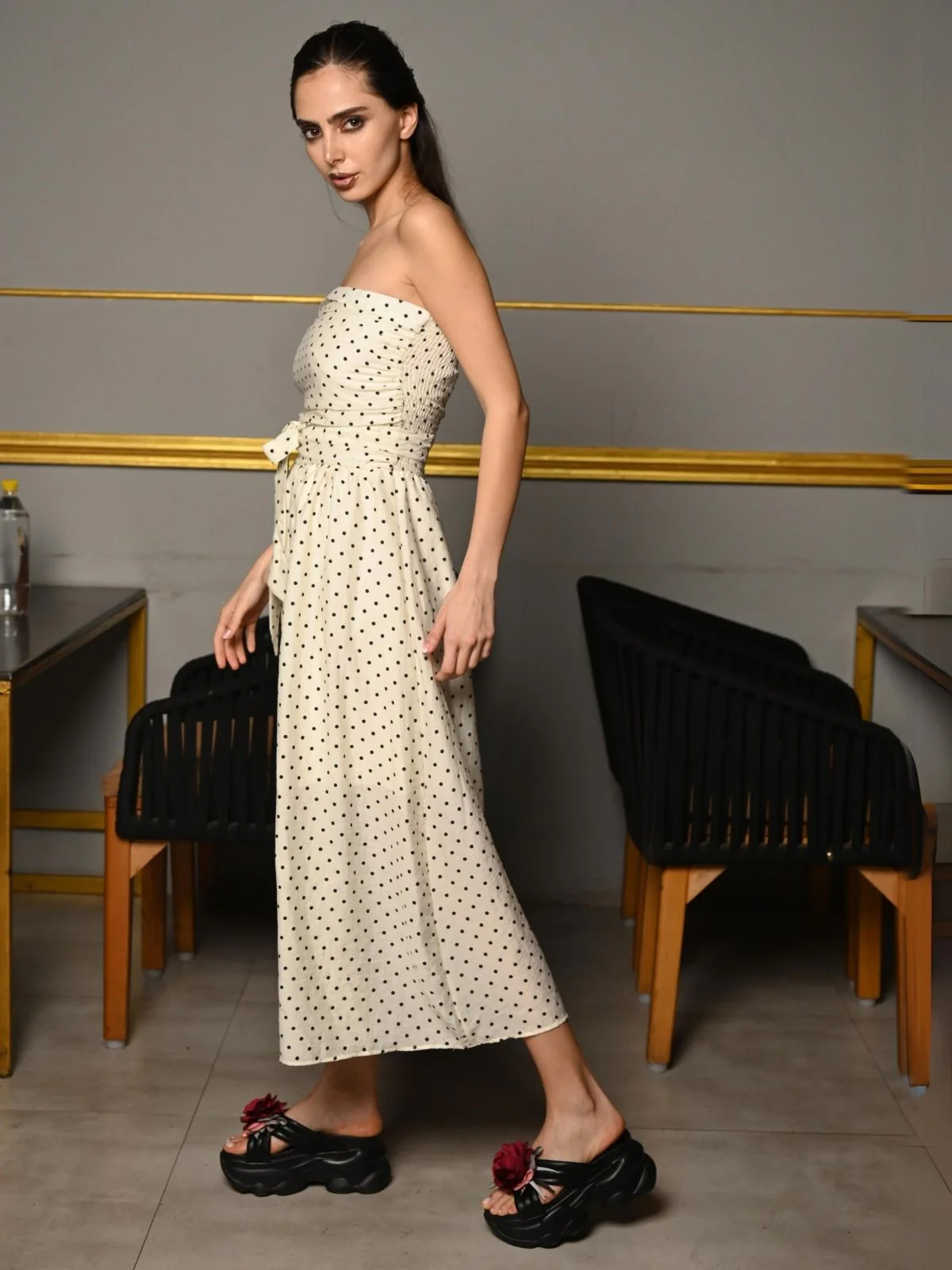 Odette Off White Viscose Printed Western Dress for Women - Image 3